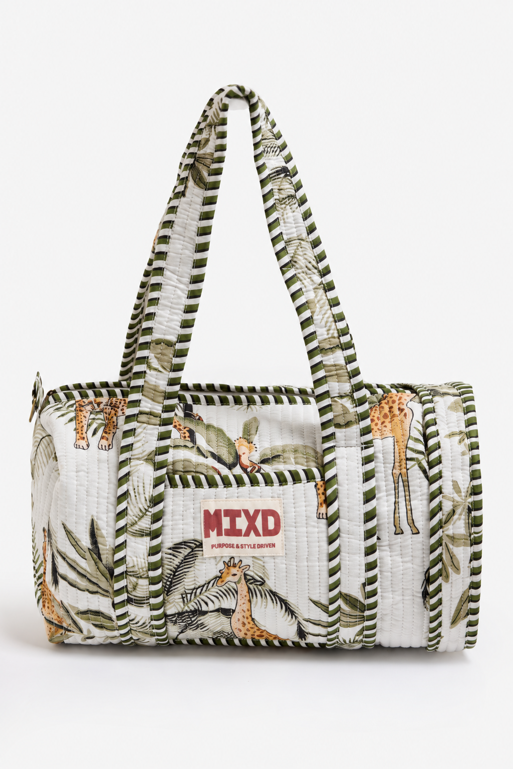 White Quilted Cotton Mini Duffle Bag with Safari Print & Striped Handles | Nausicaa