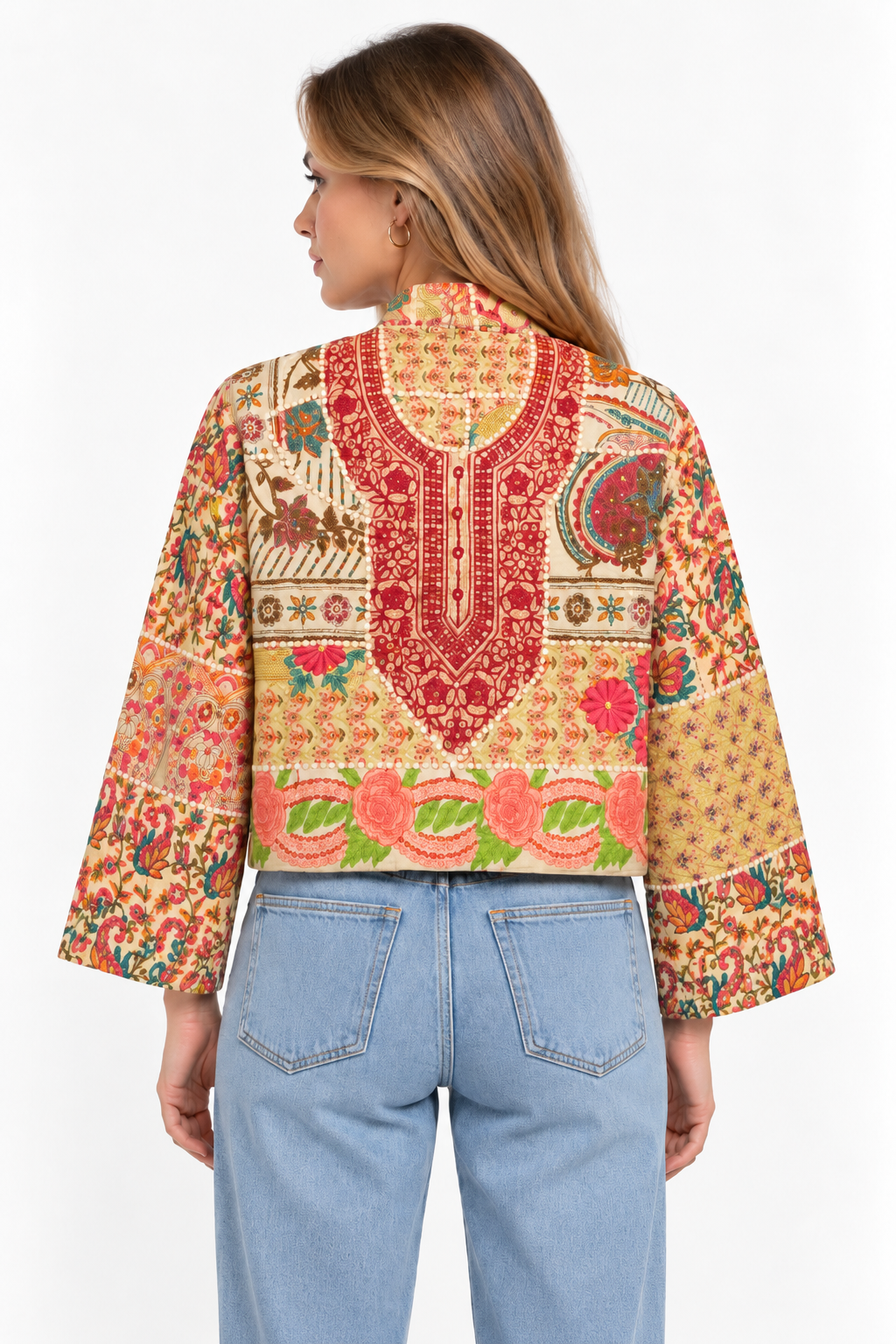 Handmade Cream Floral Embroidered Jacket with Multicoloured Geometric Detailing | Riham