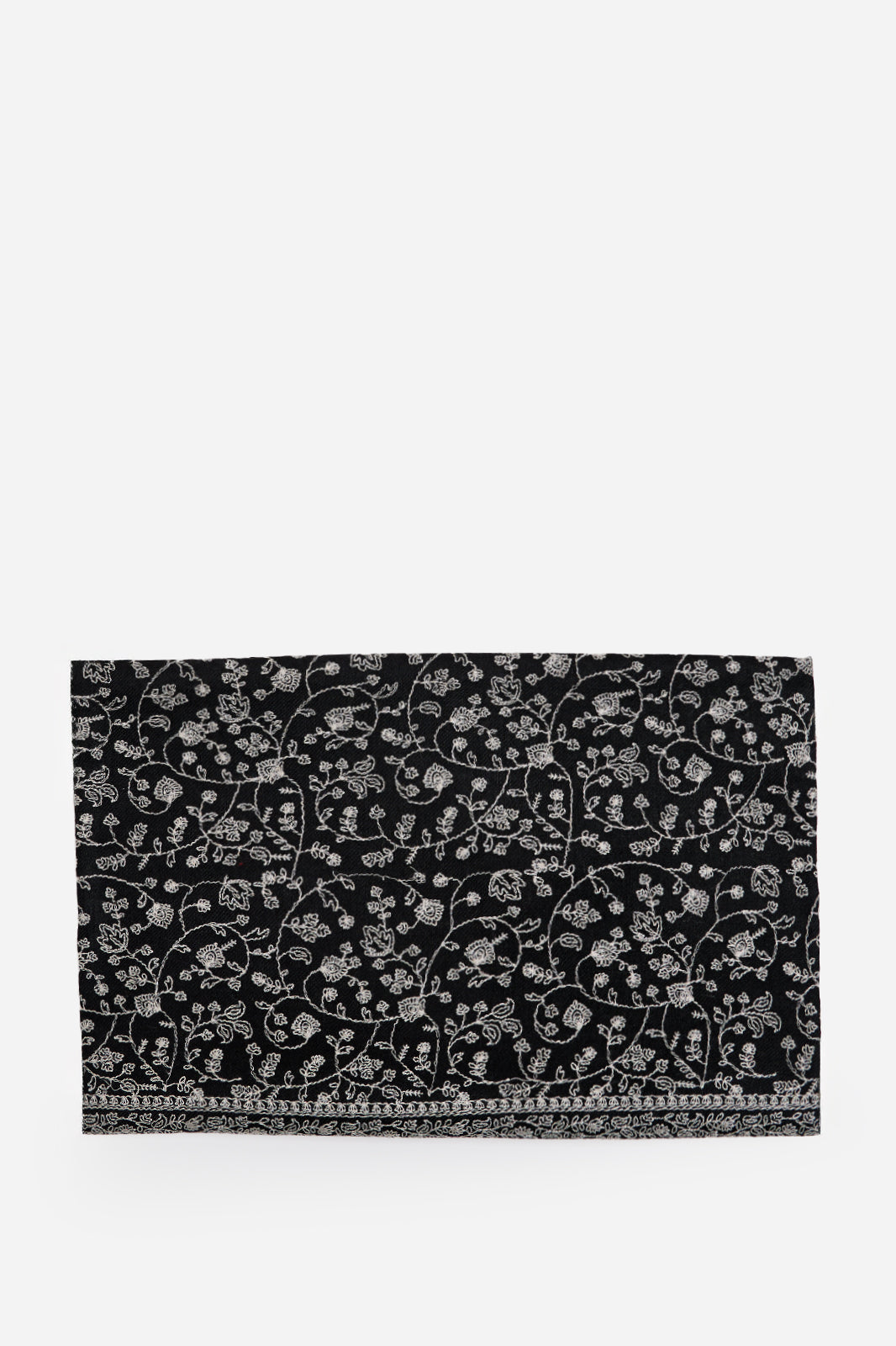 Black Fine Wool Shawl with Floral Machine Embroidery & Traditional Border | Eudora