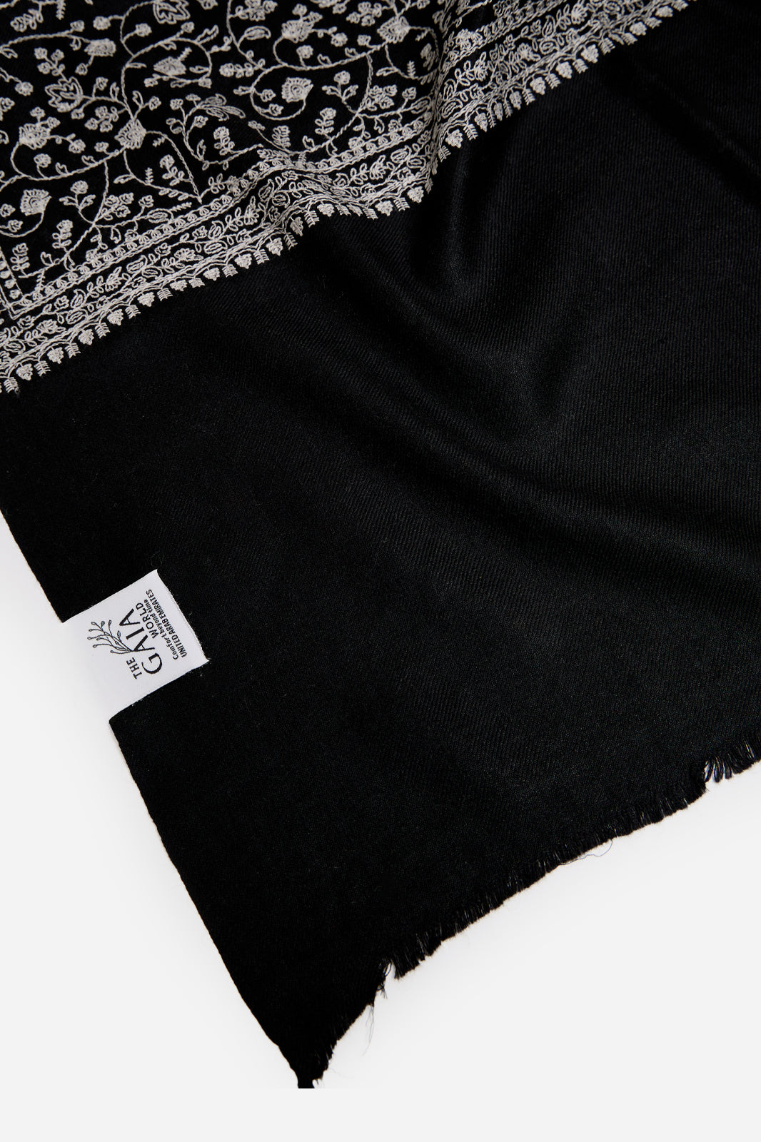 Black Fine Wool Shawl with Floral Machine Embroidery & Traditional Border | Eudora