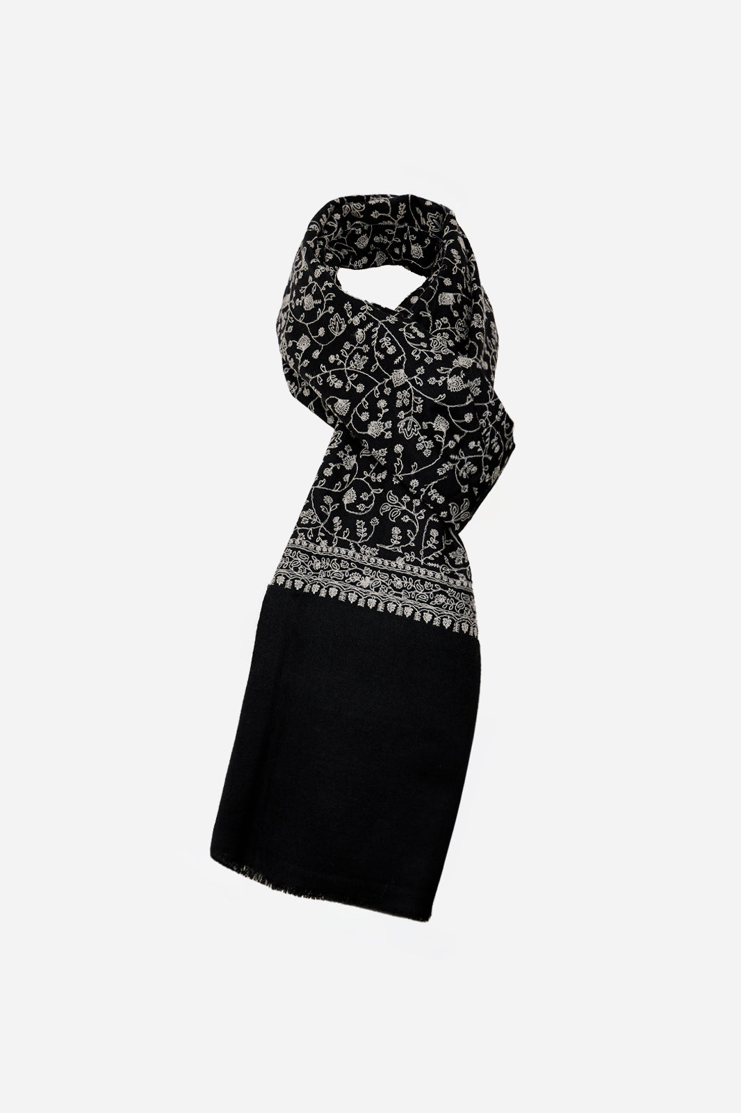 Black Fine Wool Shawl with Floral Machine Embroidery & Traditional Border | Eudora