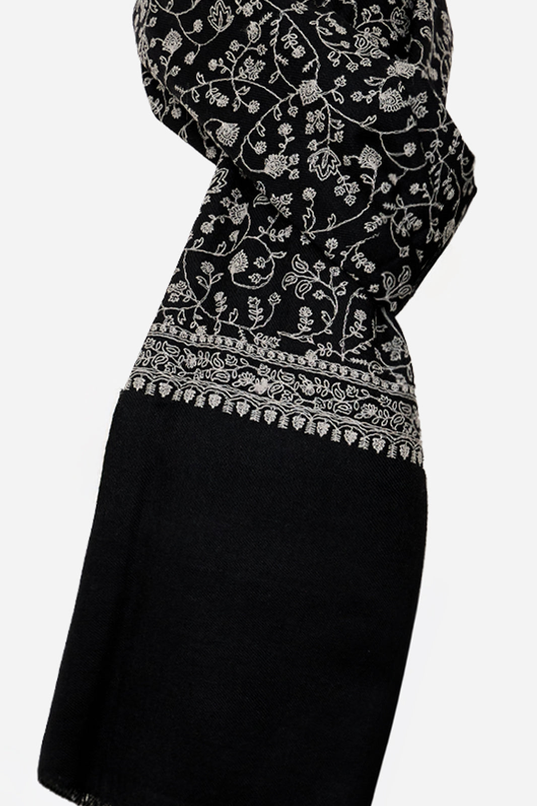 Black Fine Wool Shawl with Floral Machine Embroidery & Traditional Border | Eudora