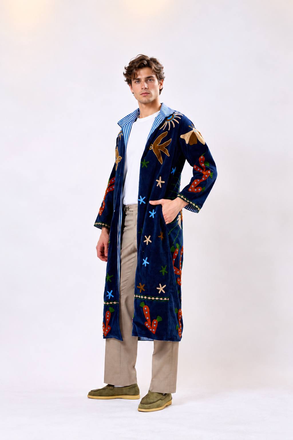 Reversible Navy Blue Velvet Long Jacket with Colourful Embroidered Motifs | Nereo