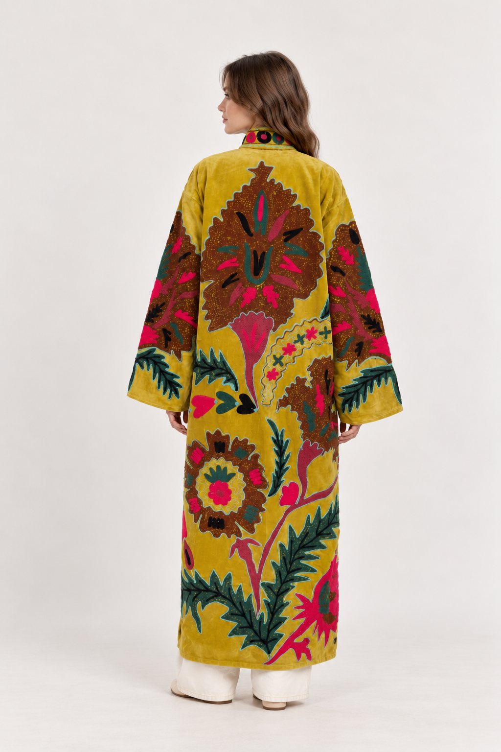 Reversible Velvet Long Jacket with Vibrant Floral Embroidery on Mustard Yellow Base | Amapola