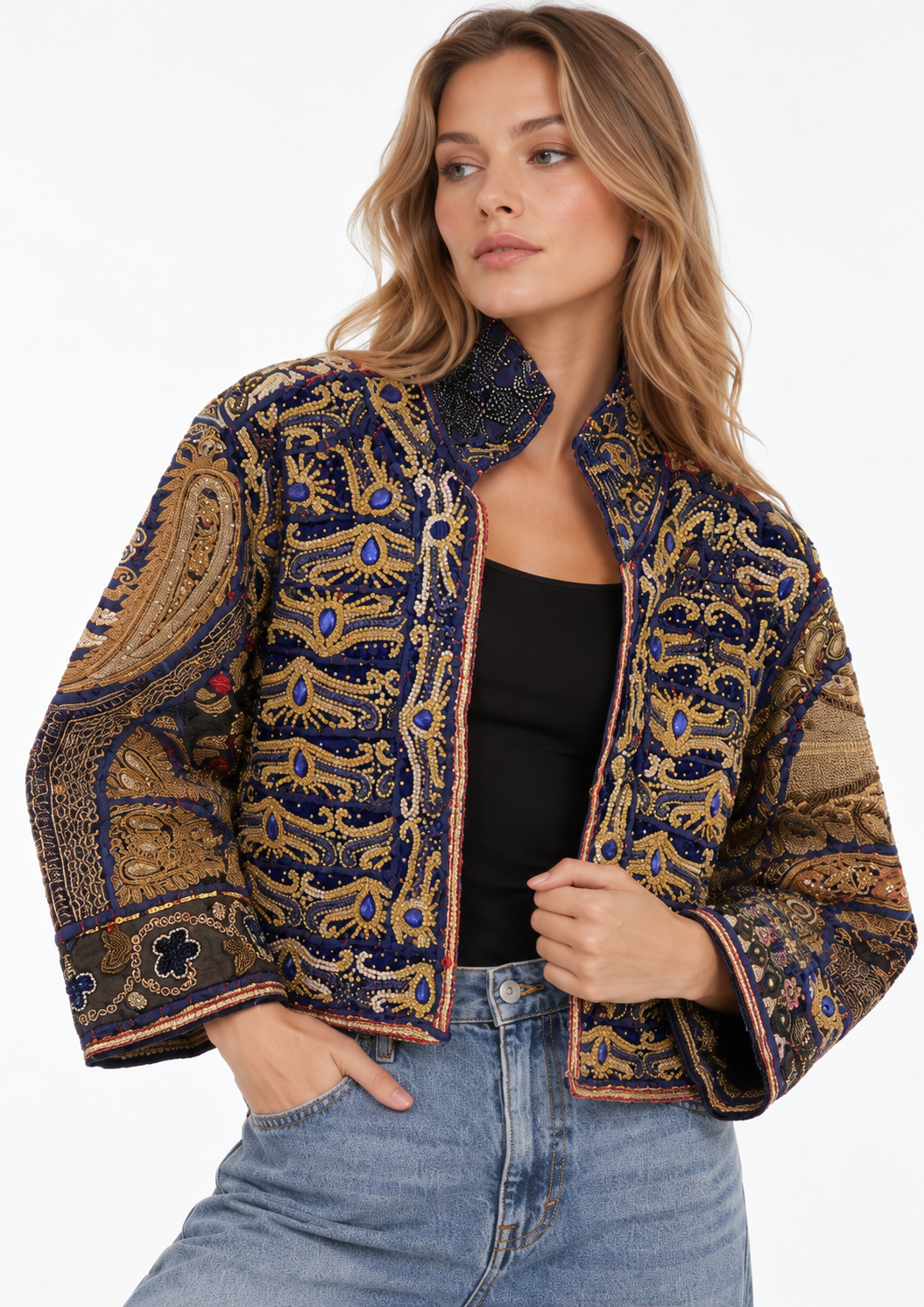 Handmade Navy Embroidered Jacket with Gold & Blue Beaded Detailing | Elodie