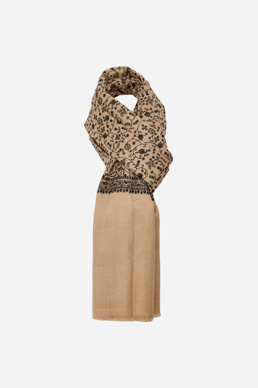 Light Beige Fine Wool Shawl with Floral Machine Embroidery & Traditional Border | Ianthe
