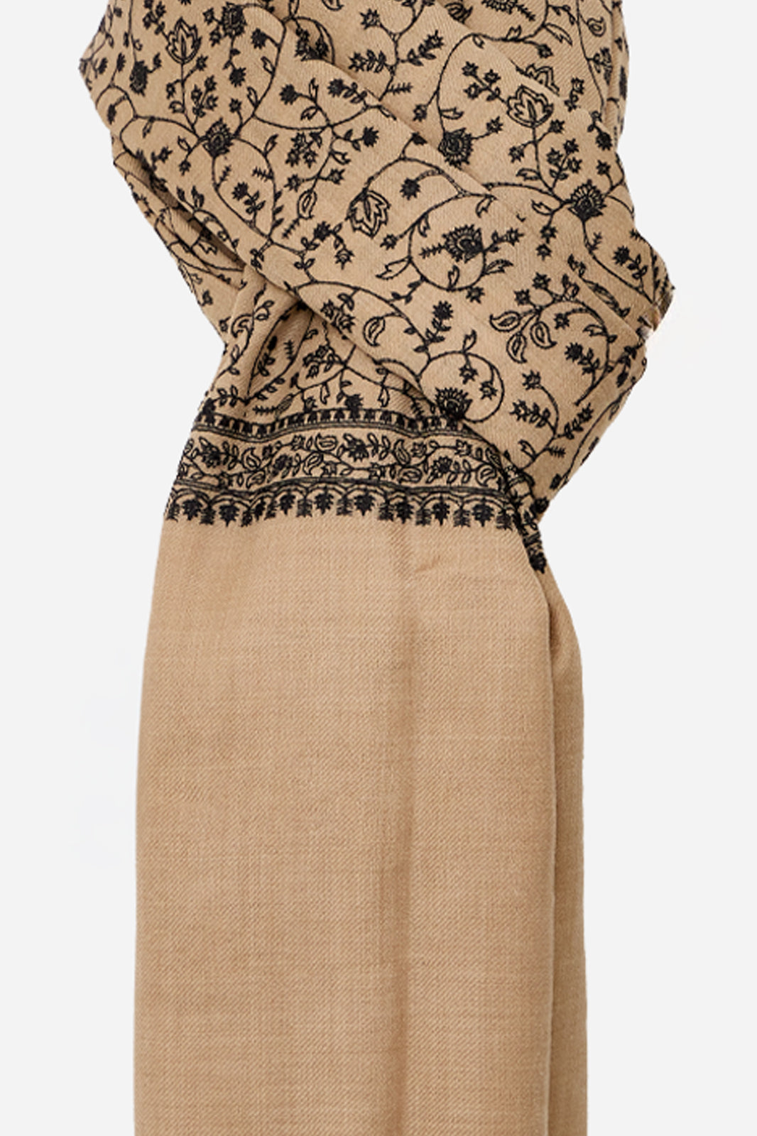 Light Beige Fine Wool Shawl with Floral Machine Embroidery & Traditional Border | Ianthe