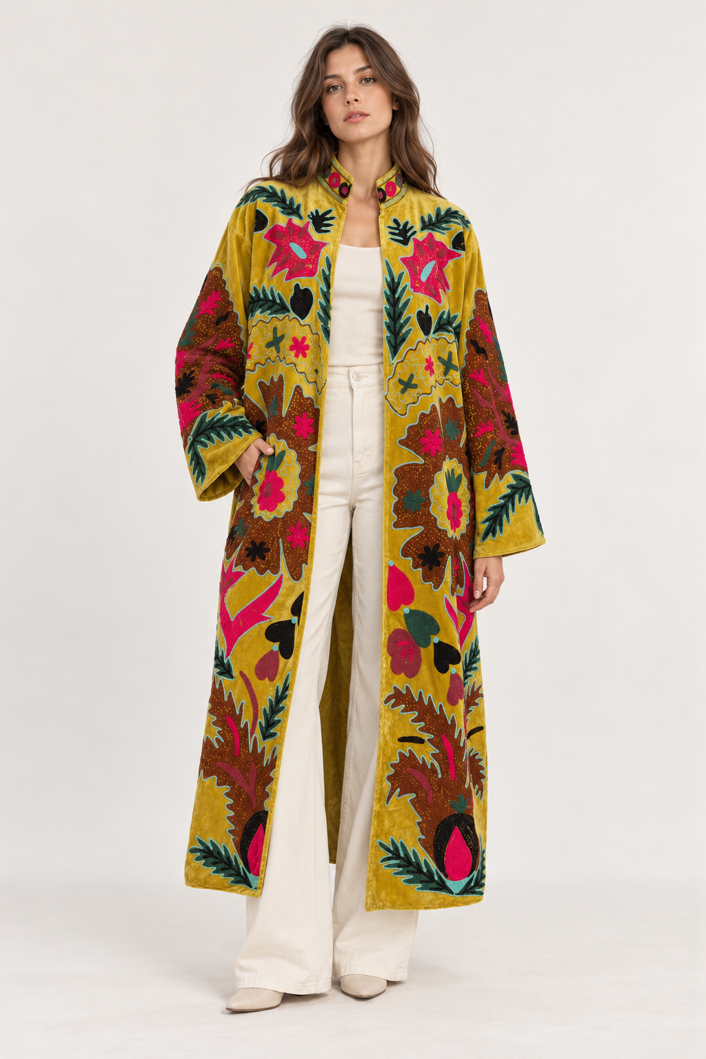 Reversible Velvet Long Jacket with Vibrant Floral Embroidery on Mustard Yellow Base | Amapola