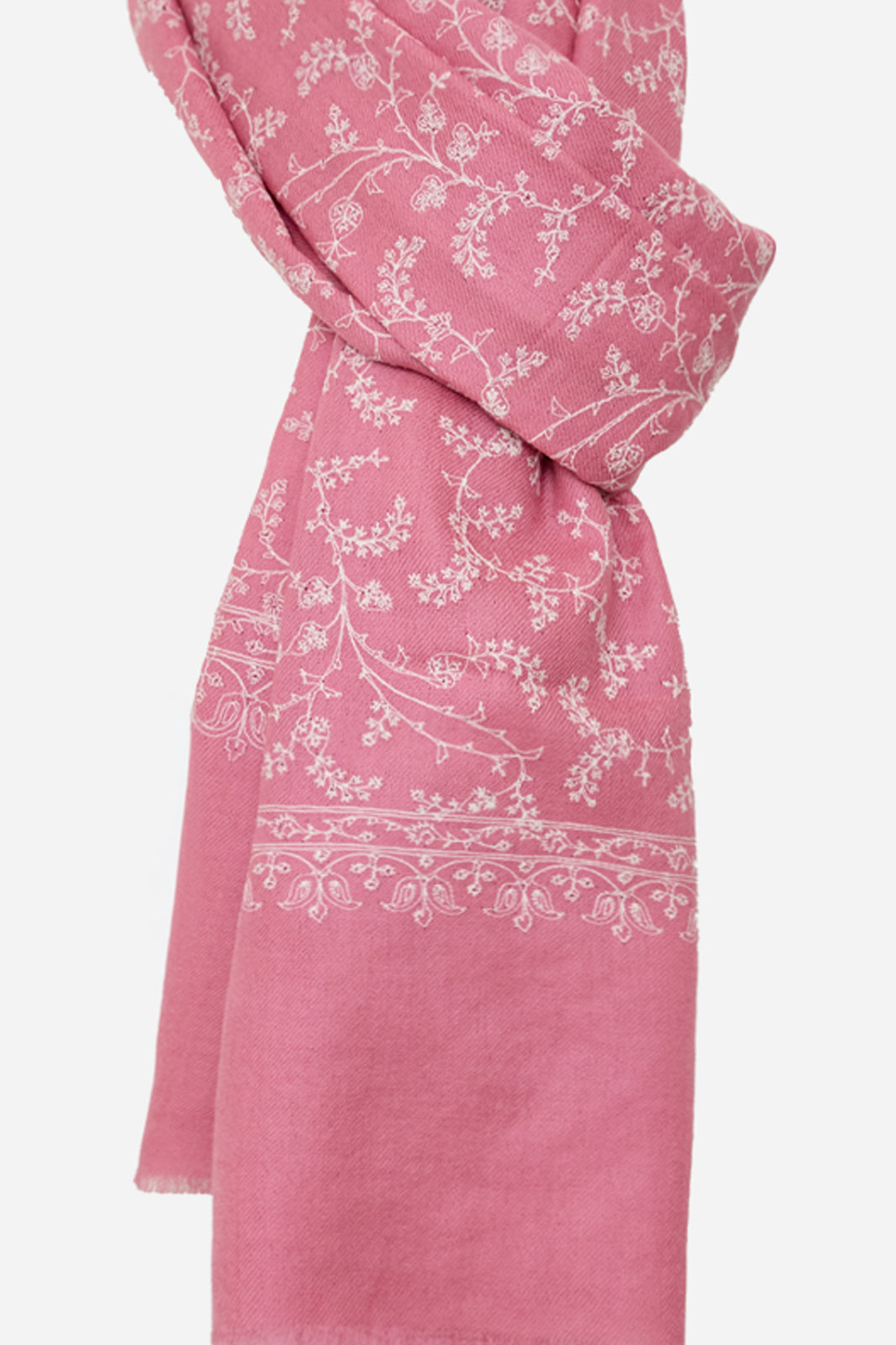 Pink Fine Wool Shawl with Floral Machine Embroidery & Traditional Border | Chryseis