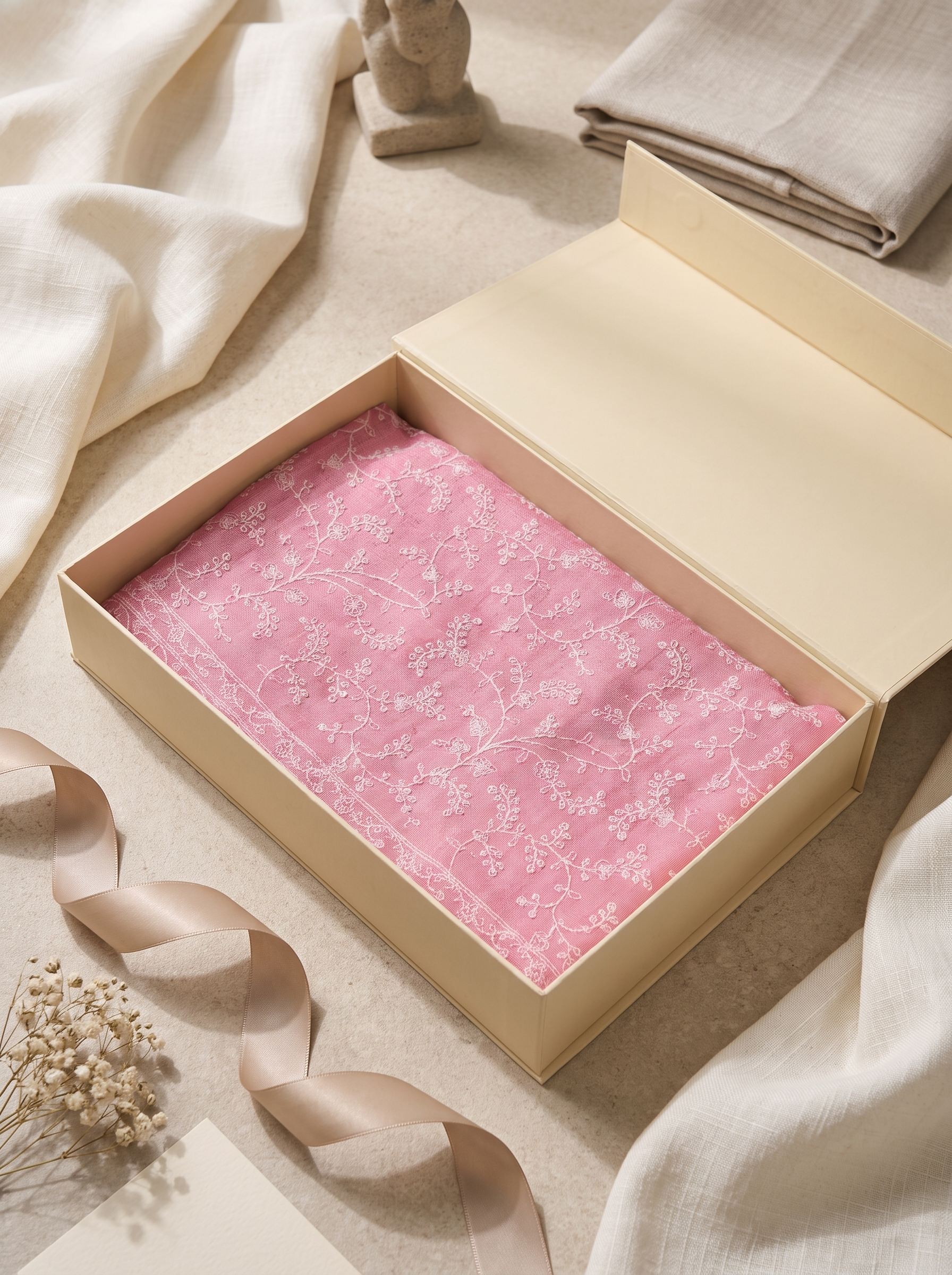 Pink Fine Wool Shawl with Floral Machine Embroidery & Traditional Border | Chryseis