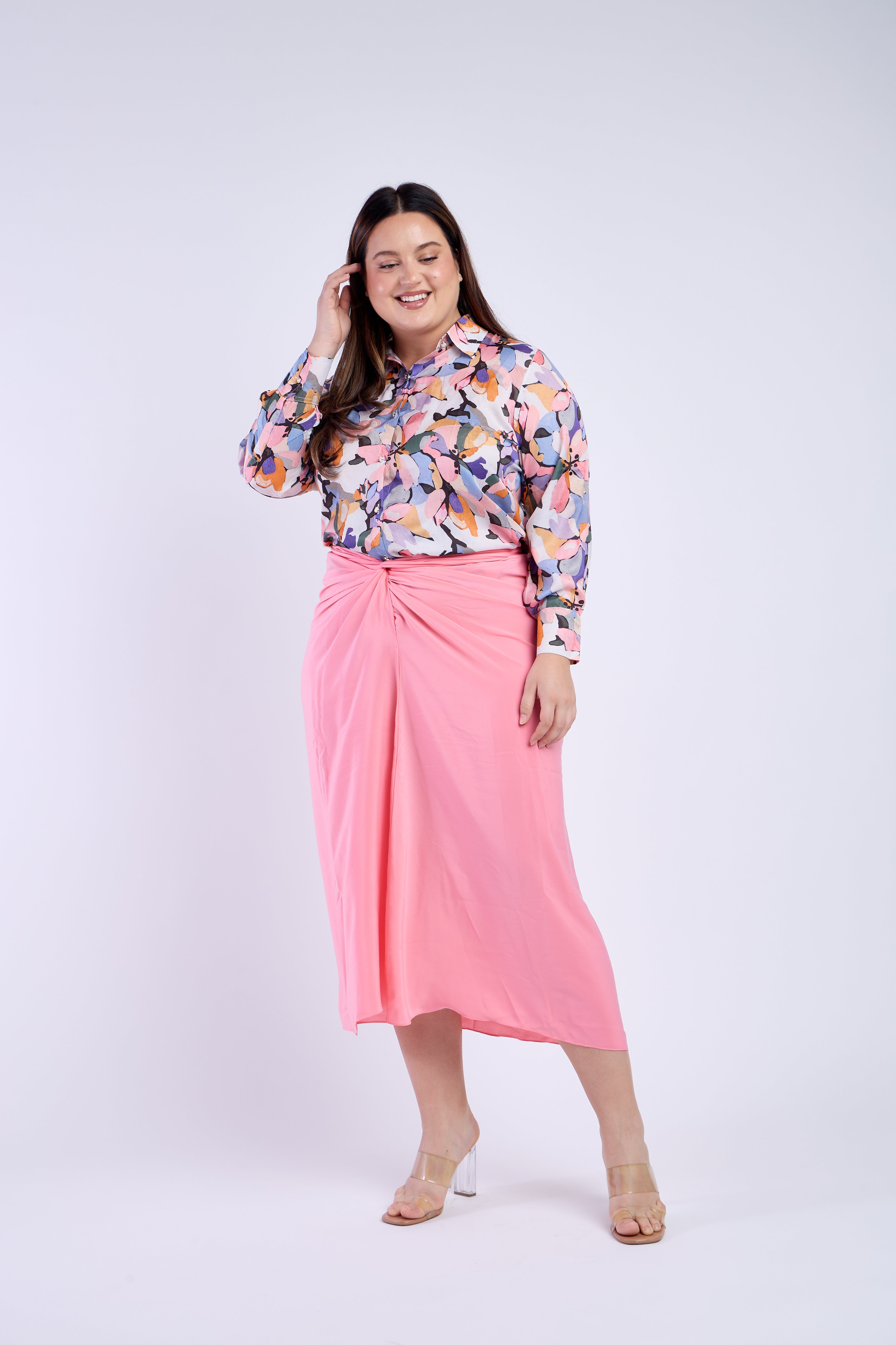 Floral Shirt with Pink Sarong Skirt