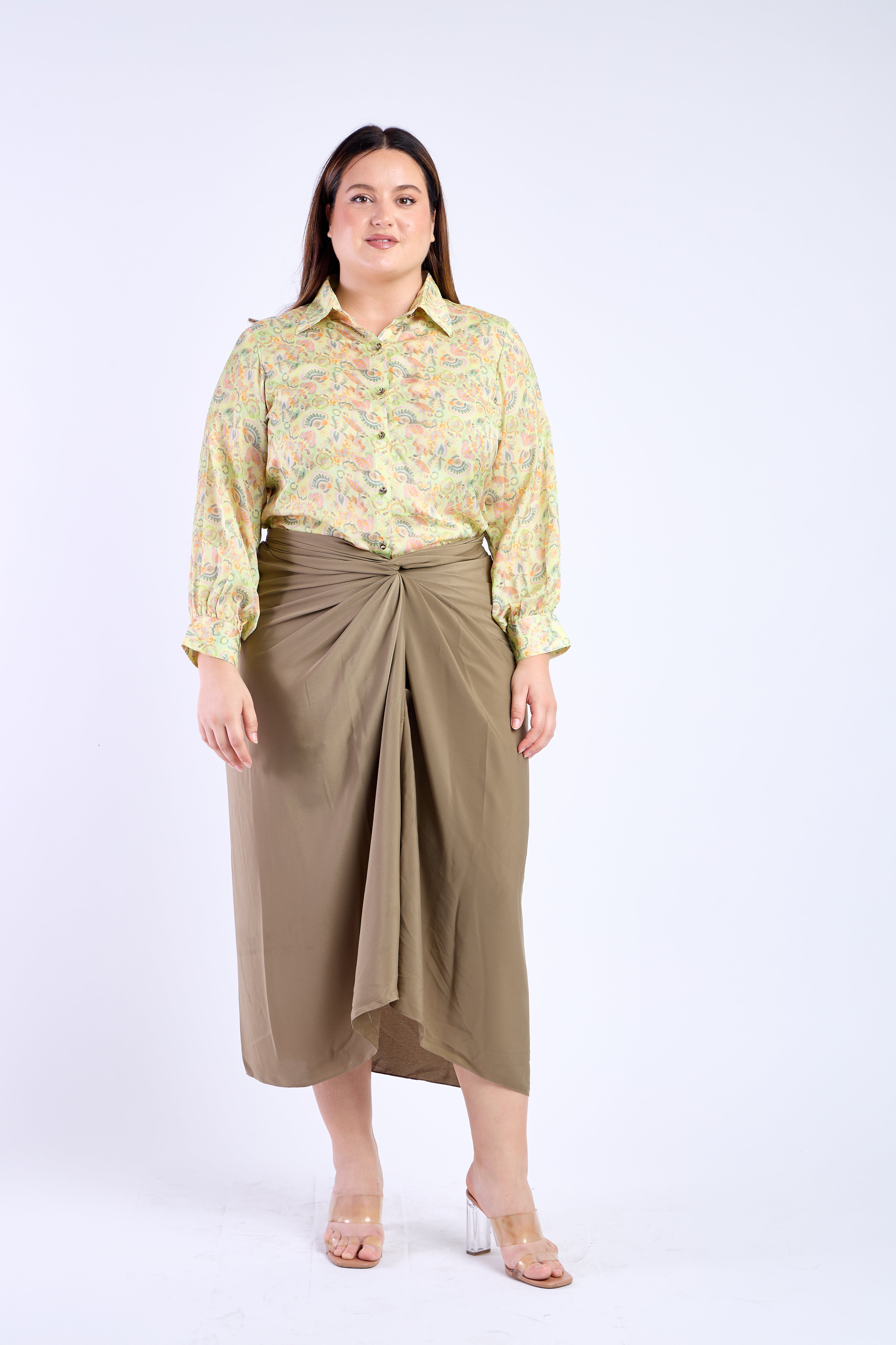 Floral Shirt with Olive Green Skirt