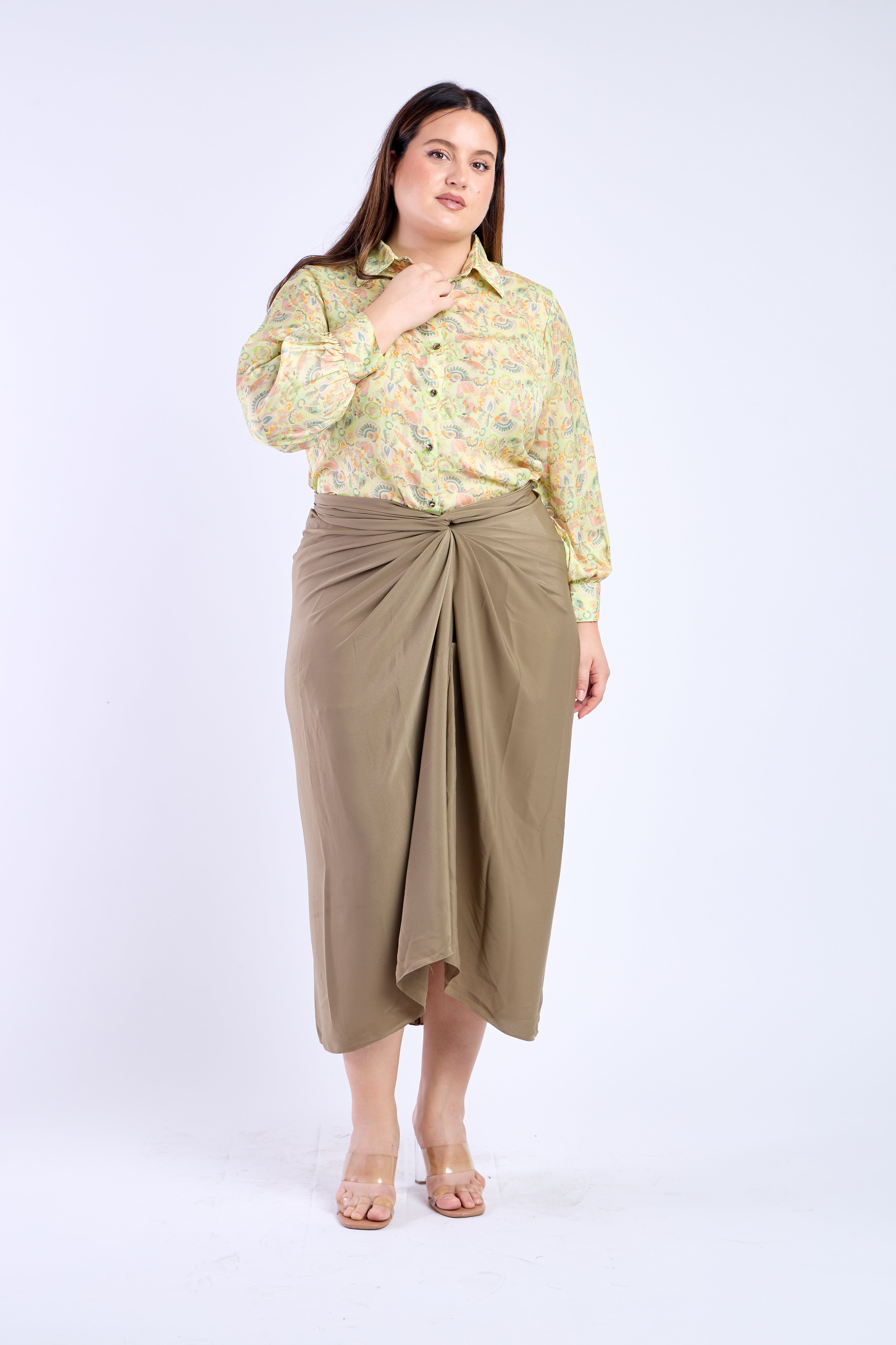 Floral Shirt with Olive Green Skirt