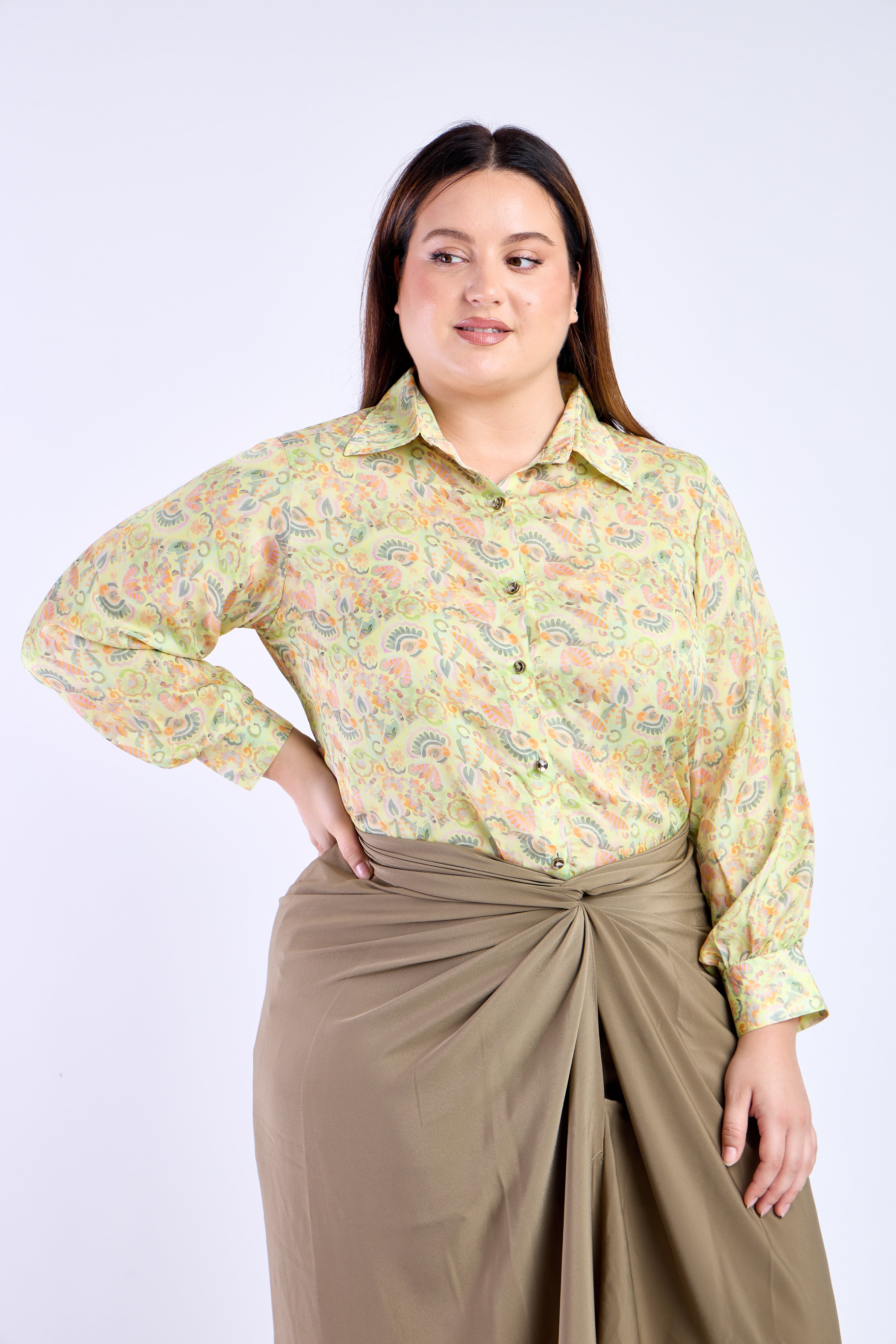 Floral Shirt with Olive Green Skirt