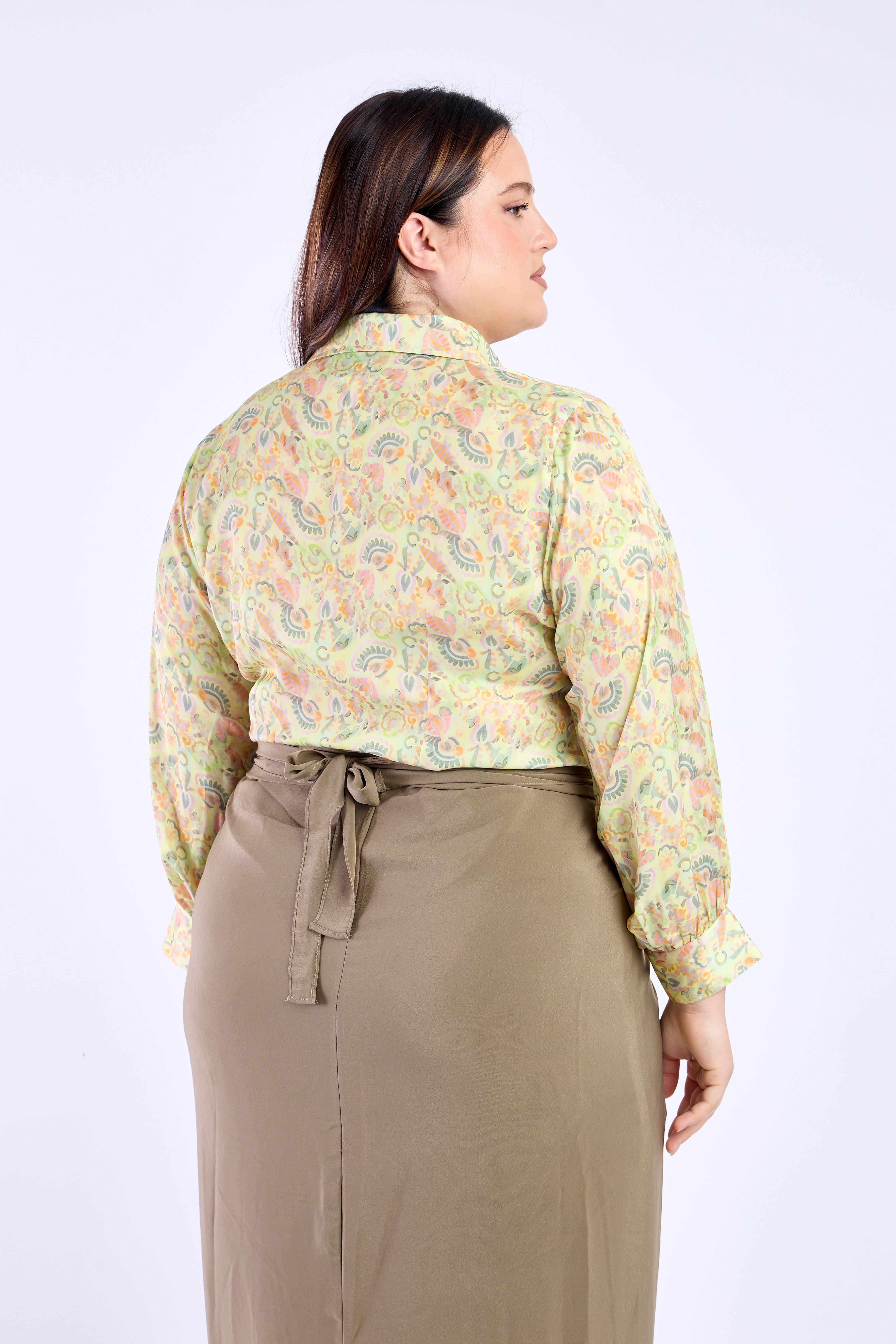 Floral Shirt with Olive Green Skirt