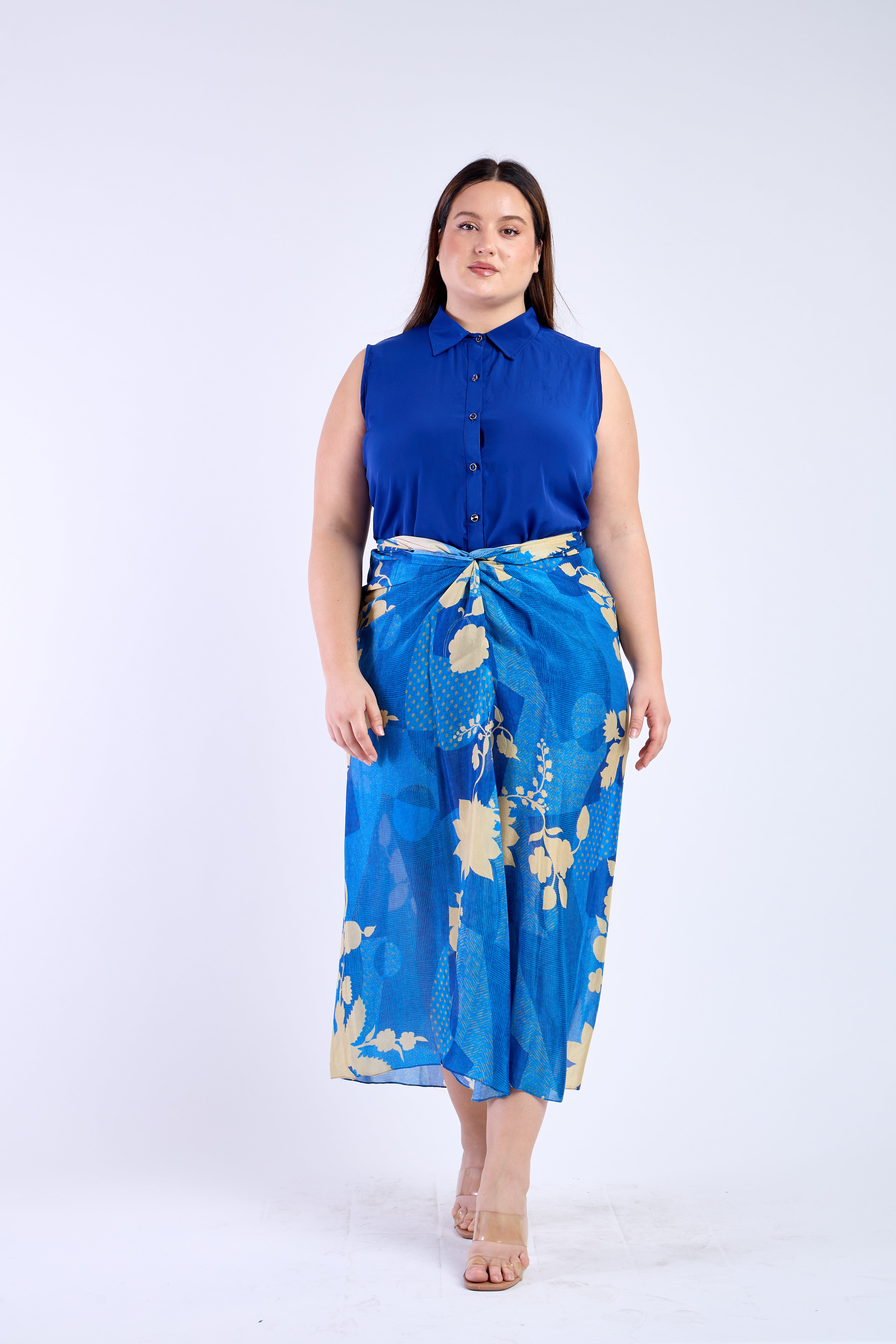 Blue Shirt with Floral Blue Skirt