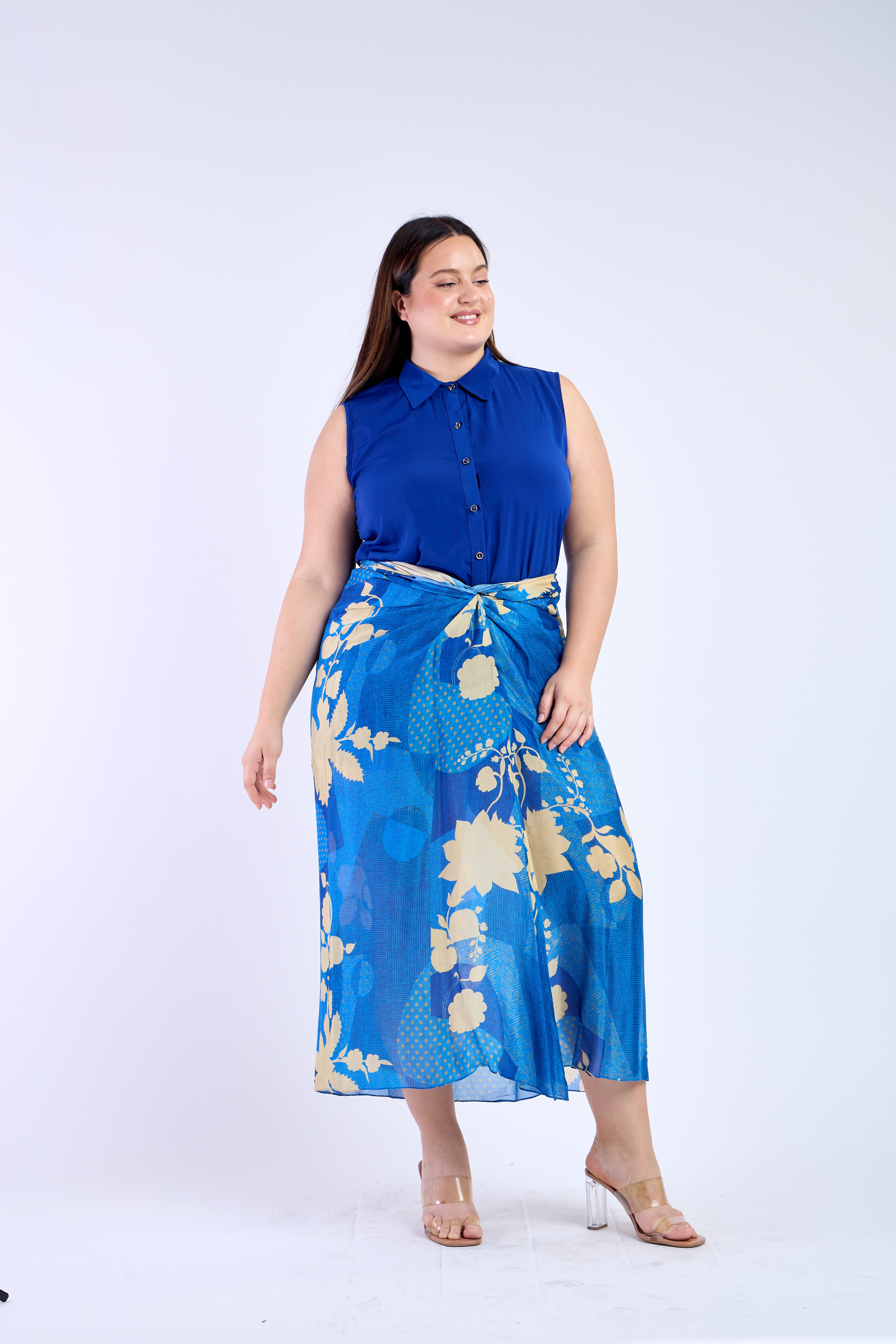 Blue Shirt with Floral Blue Skirt