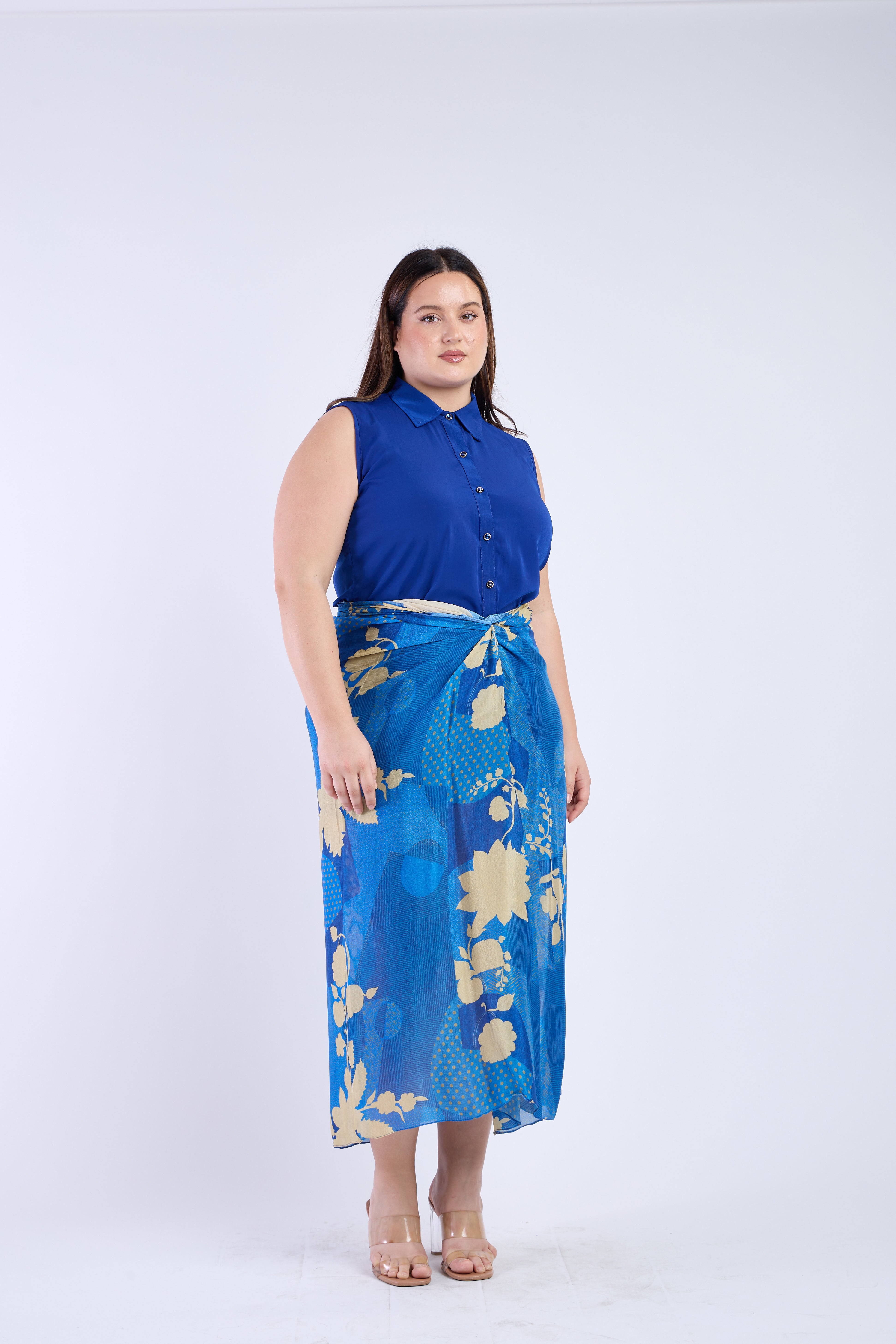 Blue Shirt with Floral Blue Skirt