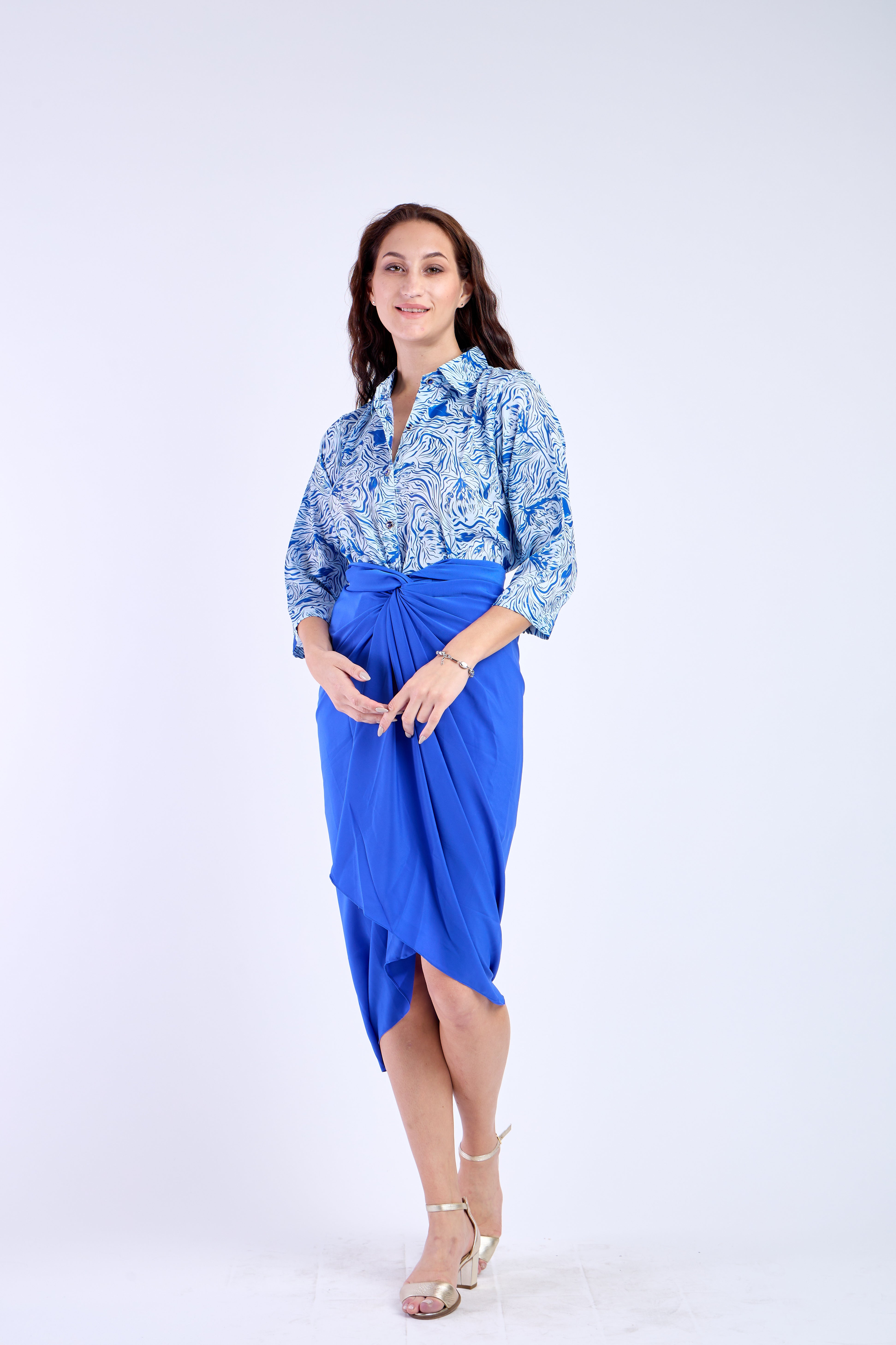 Blue Floral Shirt with Blue Skirt