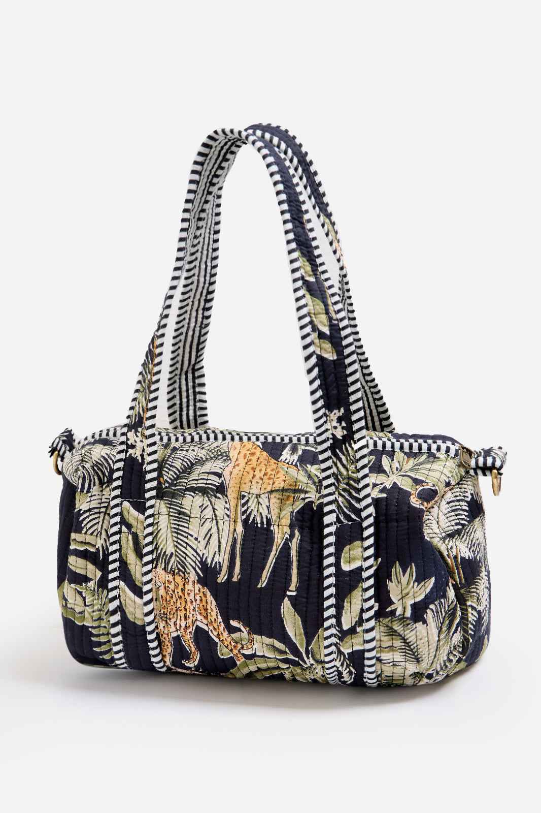 Navy Quilted Cotton Mini Duffle Bag with Safari Print & Striped Handles | Ariadne