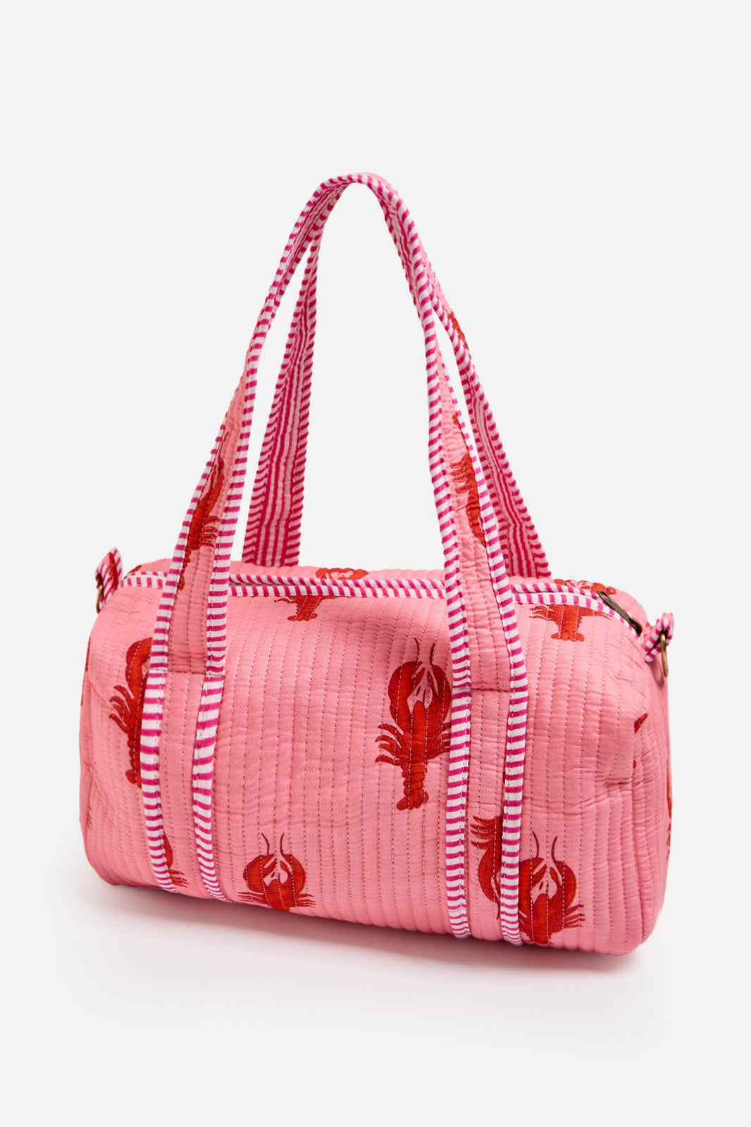 Pink Quilted Cotton Mini Duffle Bag with Lobster Print & Striped Handles | Aglaia