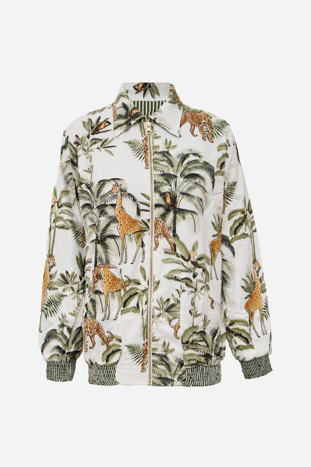White Cotton Safari Print Bomber Jacket with Giraffe & Leopard Motifs | Protea