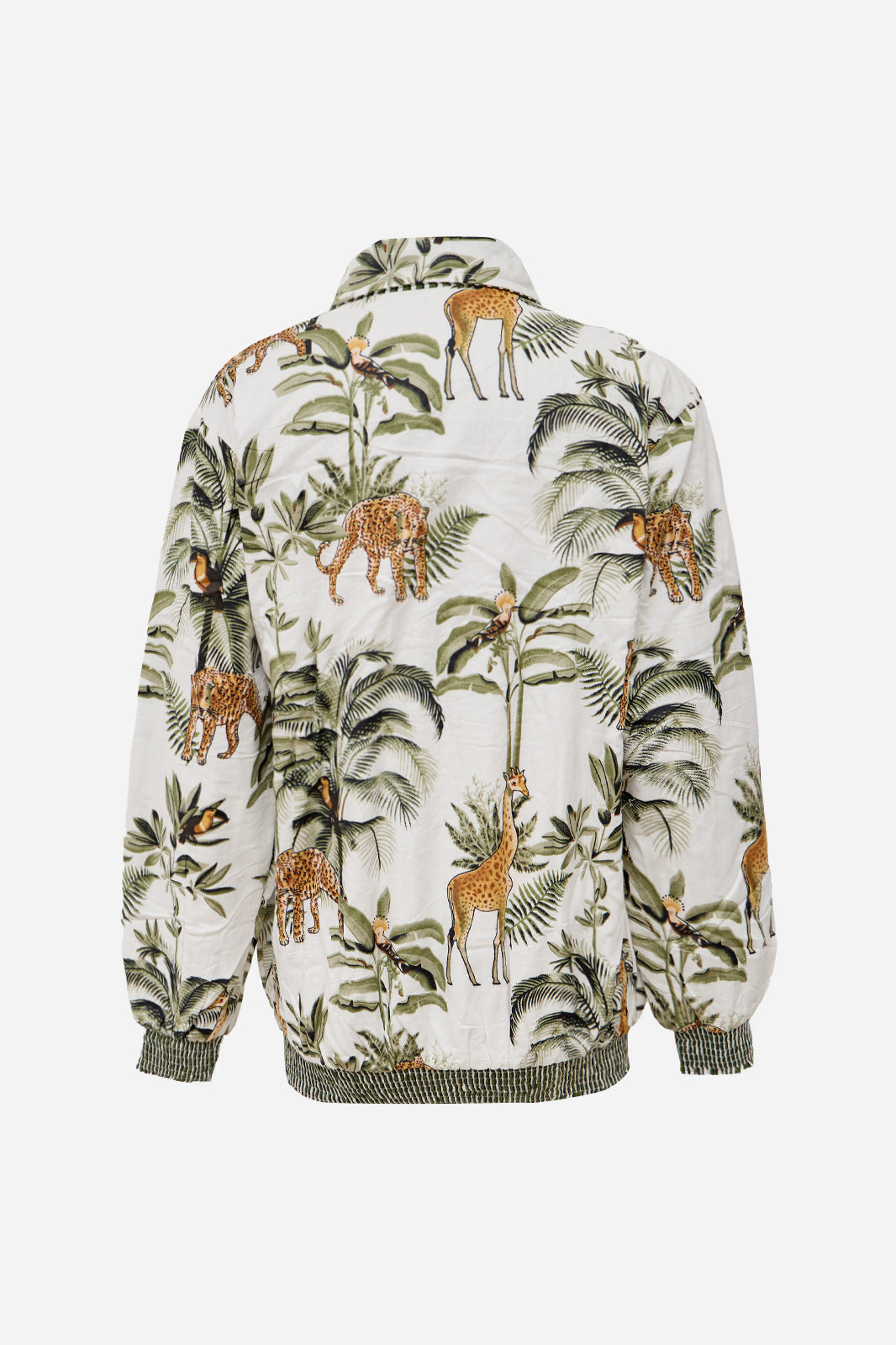 White Cotton Safari Print Bomber Jacket with Giraffe & Leopard Motifs | Protea