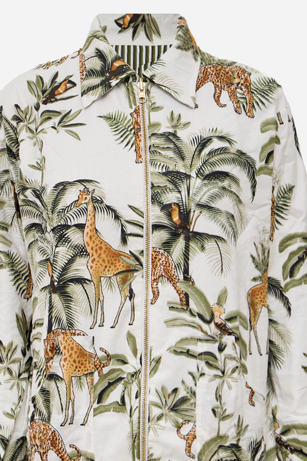 White Cotton Safari Print Bomber Jacket with Giraffe & Leopard Motifs | Protea