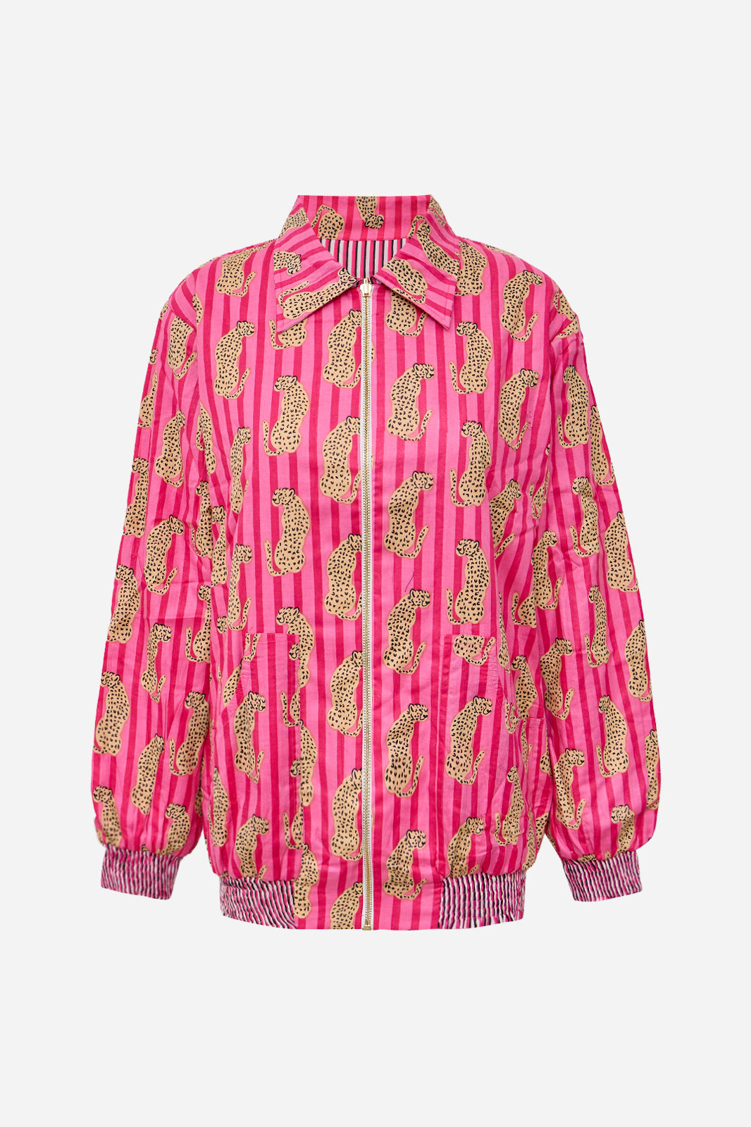 Pink Cotton Bomber Jacket with Leopard Print & Striped Pattern | Thalia