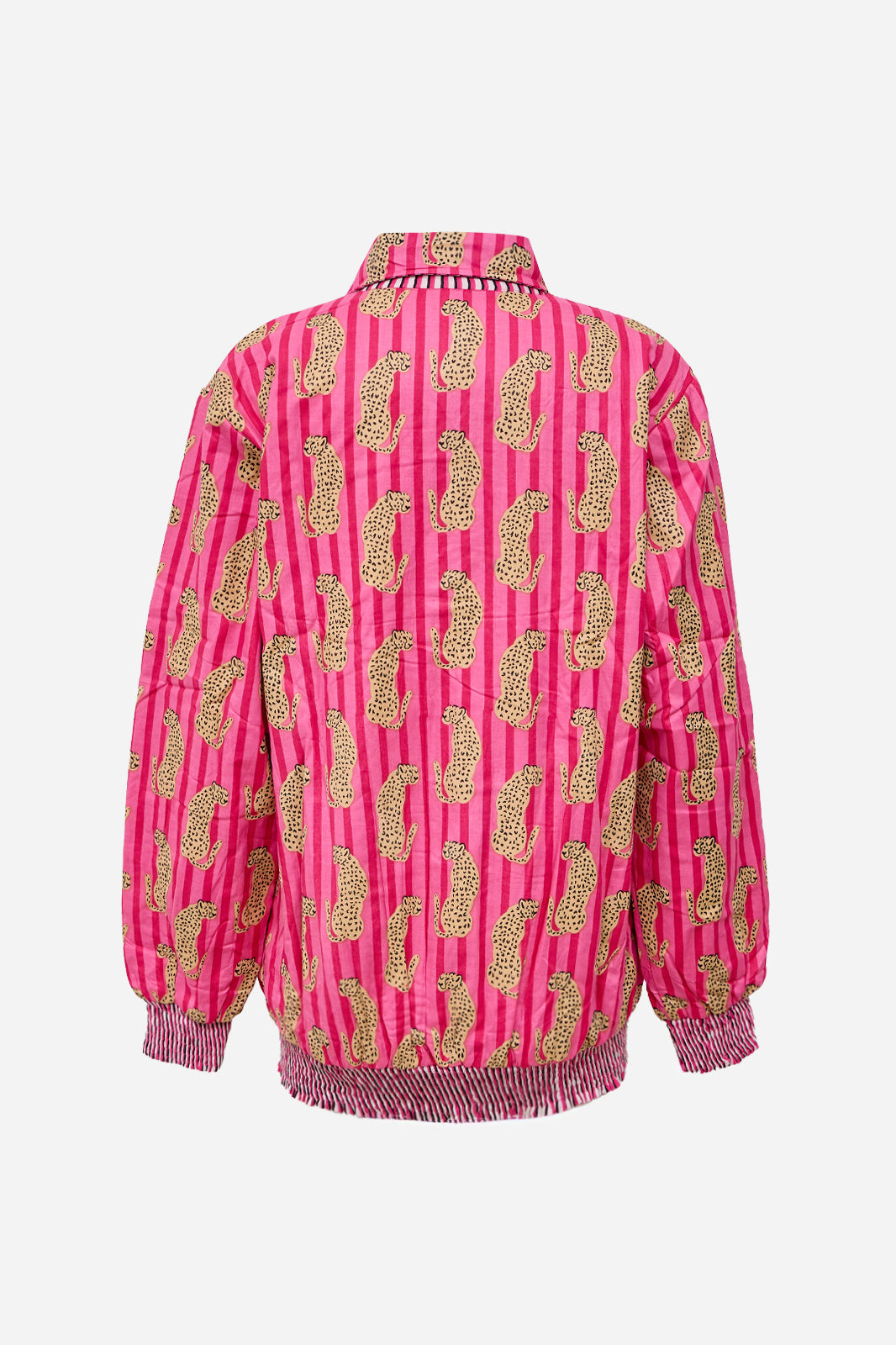 Pink Cotton Bomber Jacket with Leopard Print & Striped Pattern | Thalia