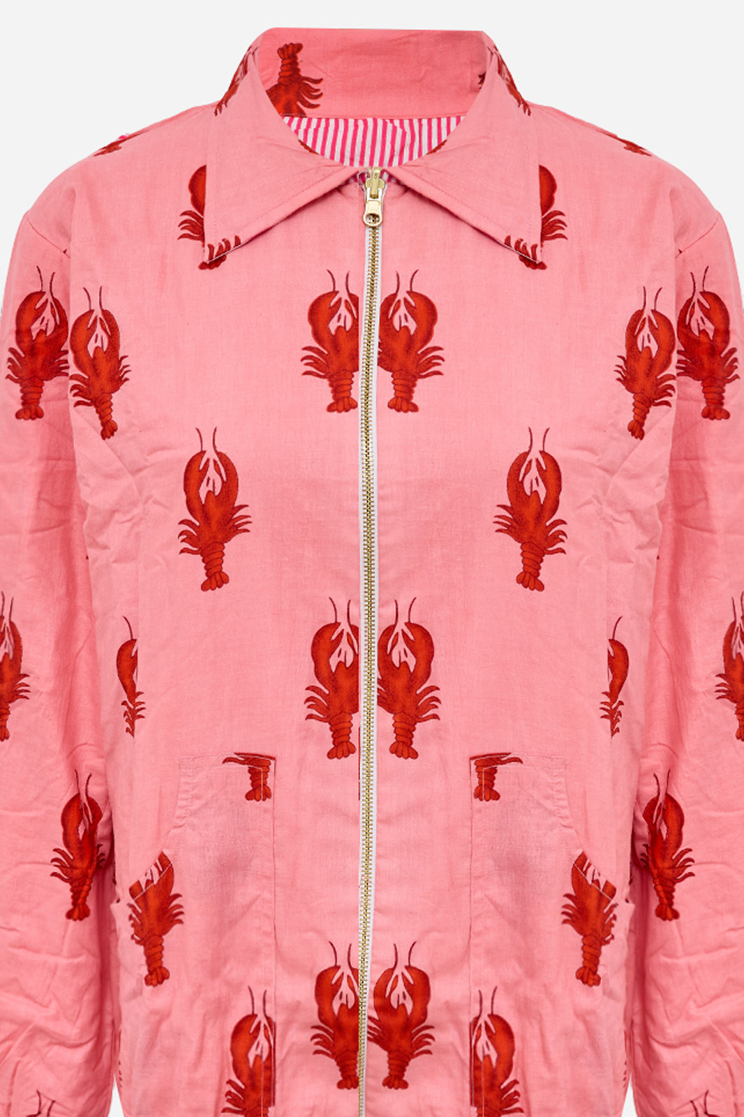 Pink Cotton Bomber Jacket with Lobster Motif & Playful Statement Design | Melite