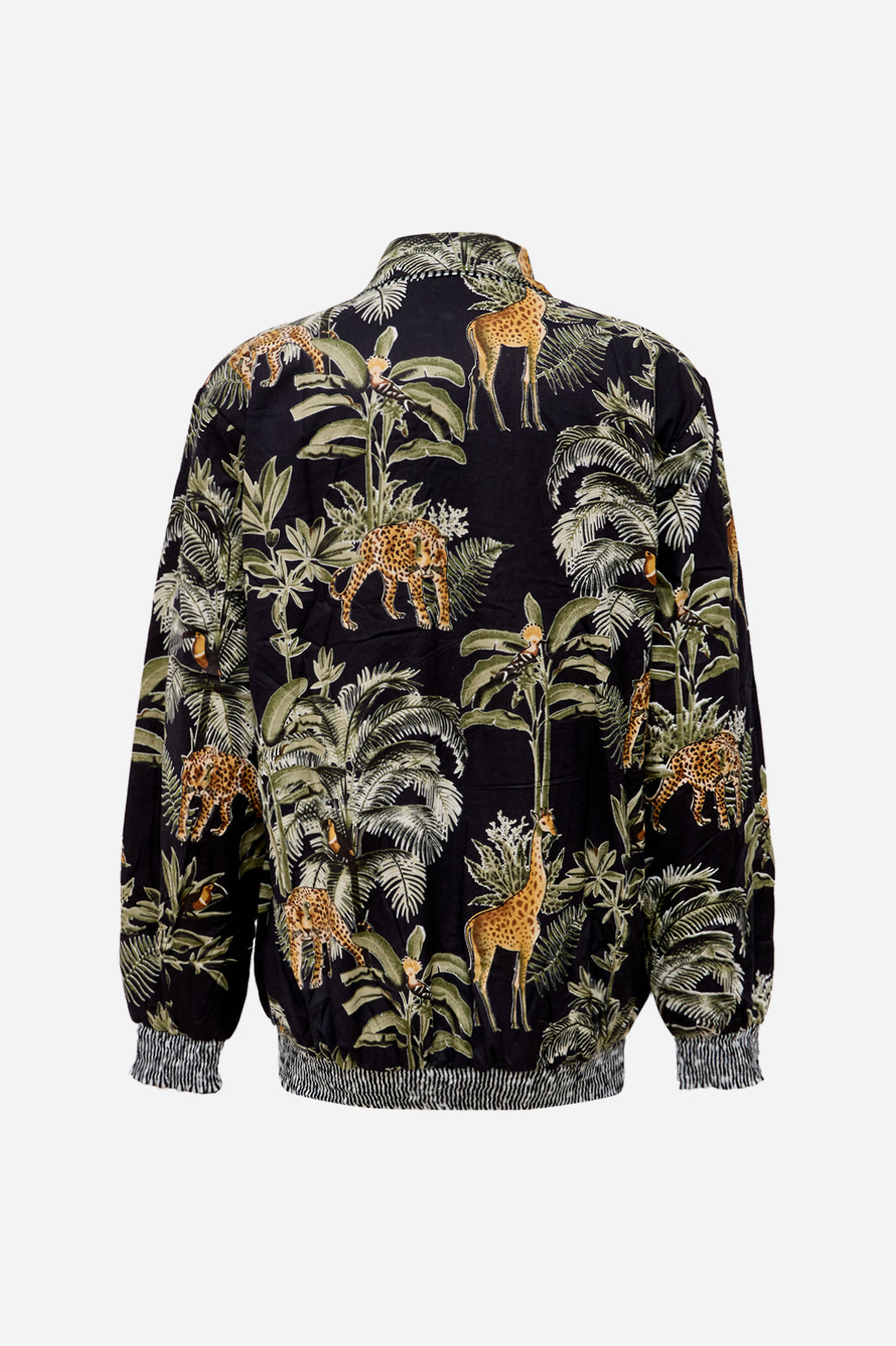 Black Cotton Safari Bomber Jacket with Giraffe & Leopard Print | Kallisto