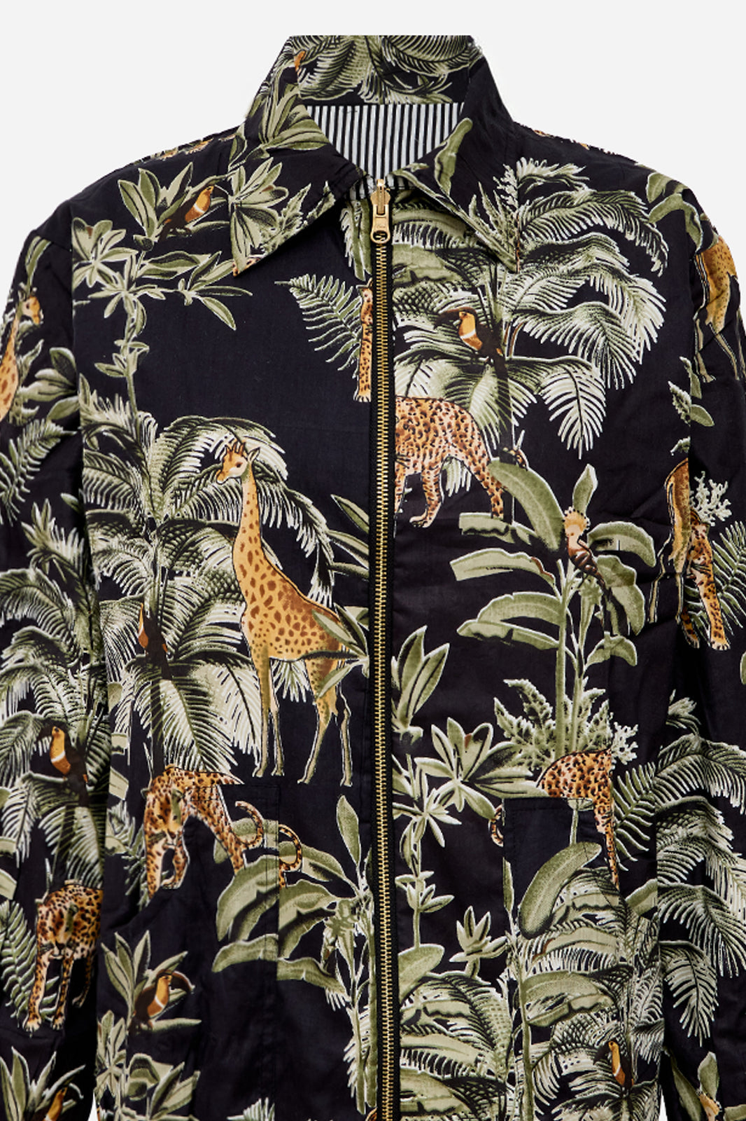 Black Cotton Safari Bomber Jacket with Giraffe & Leopard Print | Kallisto