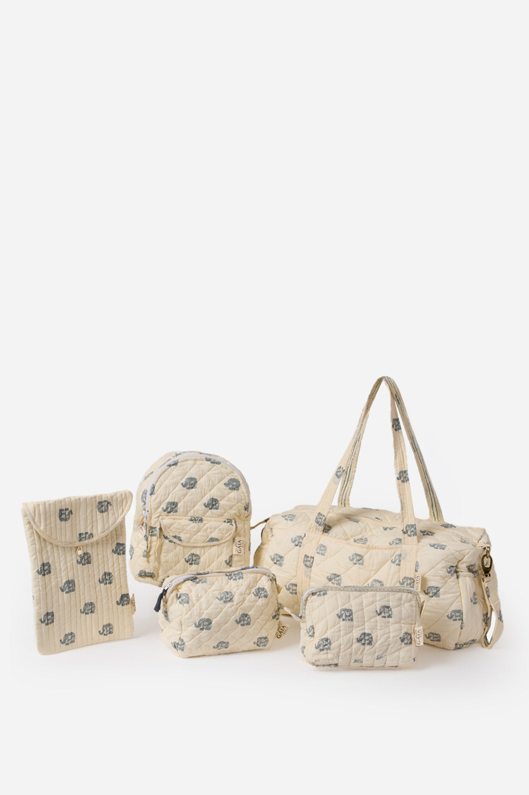 5-Piece Quilted Cotton Travel Duffle Bag, Backpack, iPad Sleeve & Pouches Set with Elephant Print | Hadiya