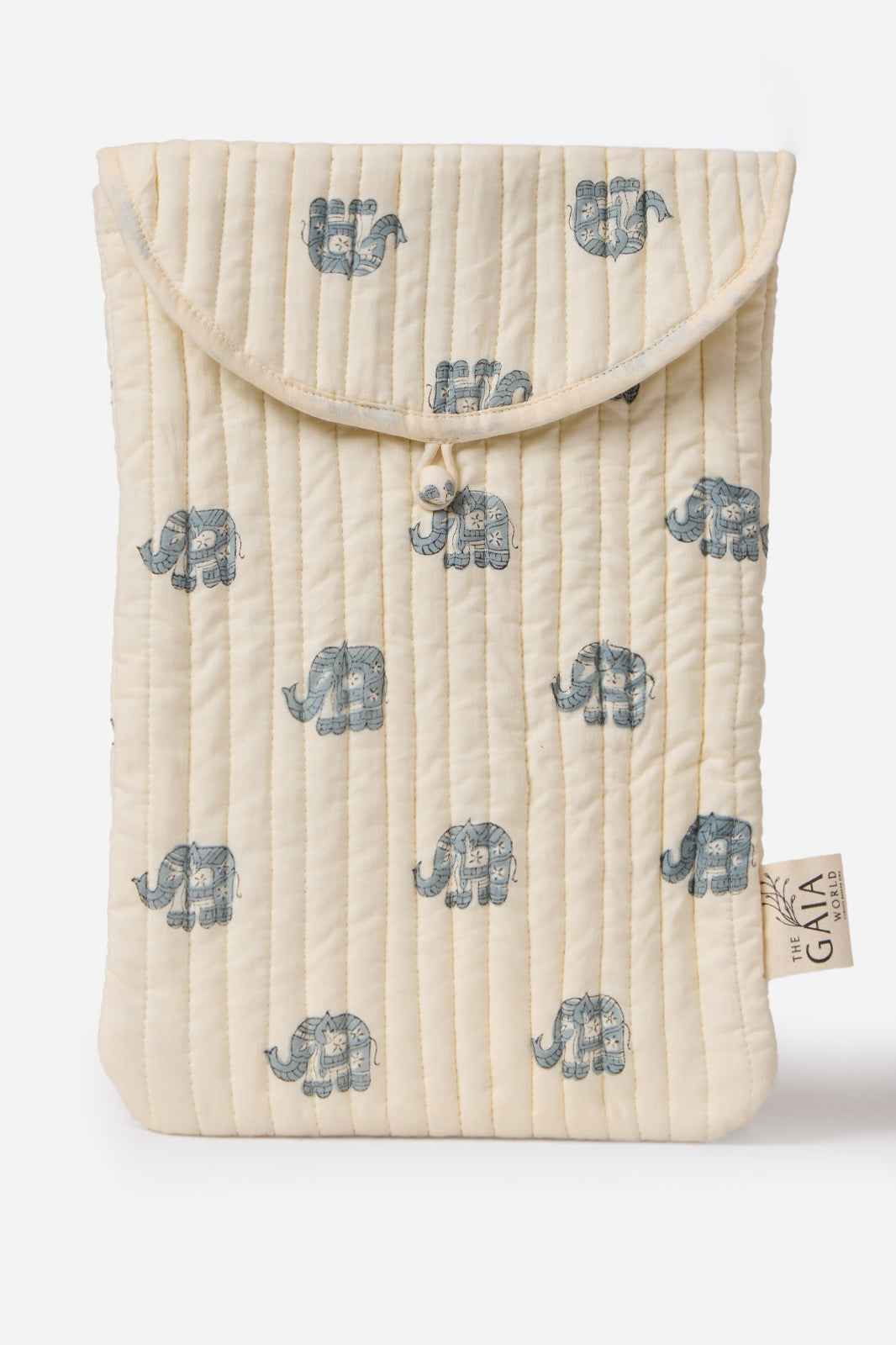 Cream Quilted Cotton iPad Sleeve with Hand Block Elephant Motif & Everyday Protection | Filza