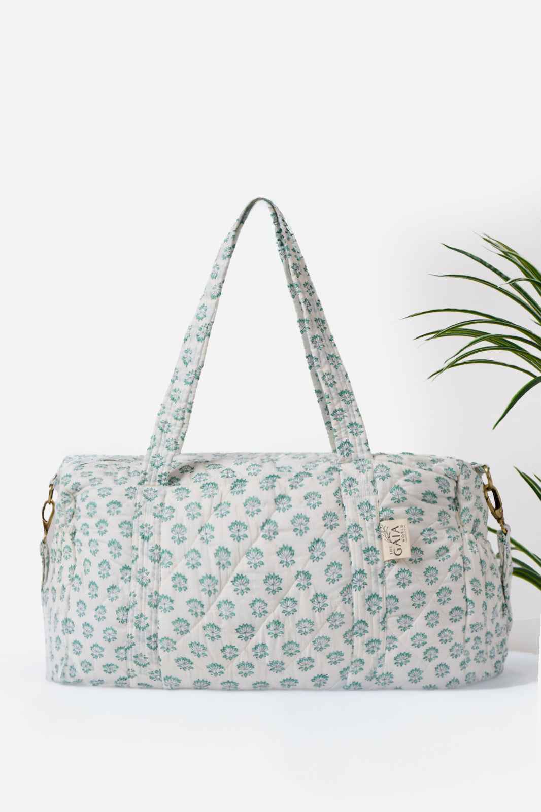 White & Sage Block Print Quilted Cotton Mother & Baby Travel Duffle Bag | Noori