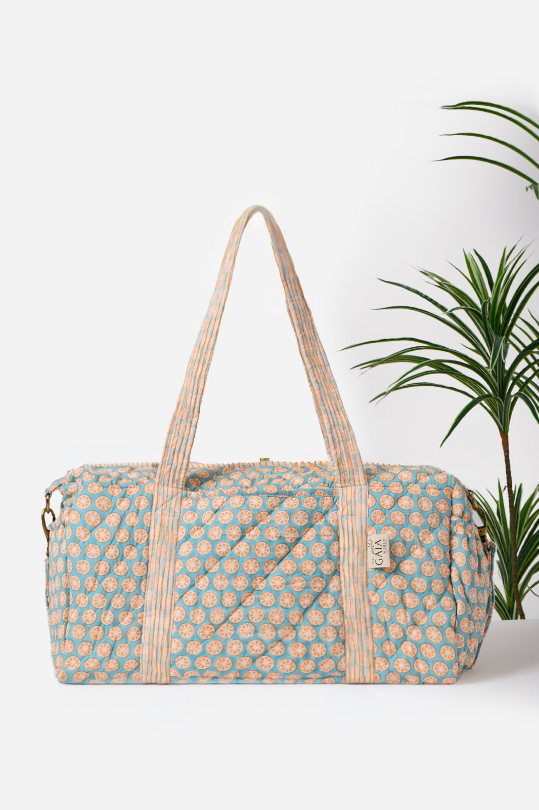 Blue Block Print Quilted Cotton Travel Duffle Bag | Bazma