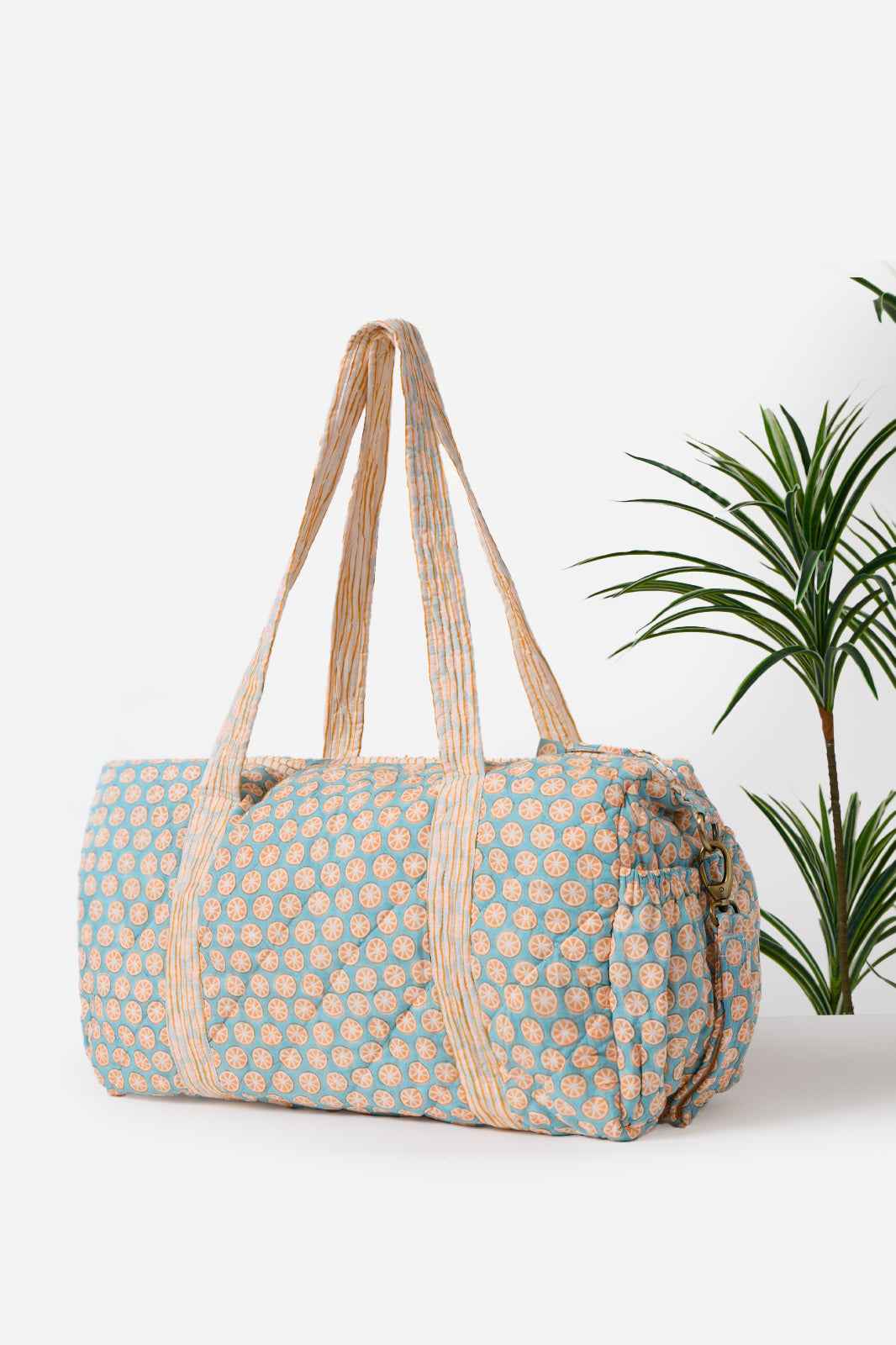 Blue Block Print Quilted Cotton Travel Duffle Bag | Bazma
