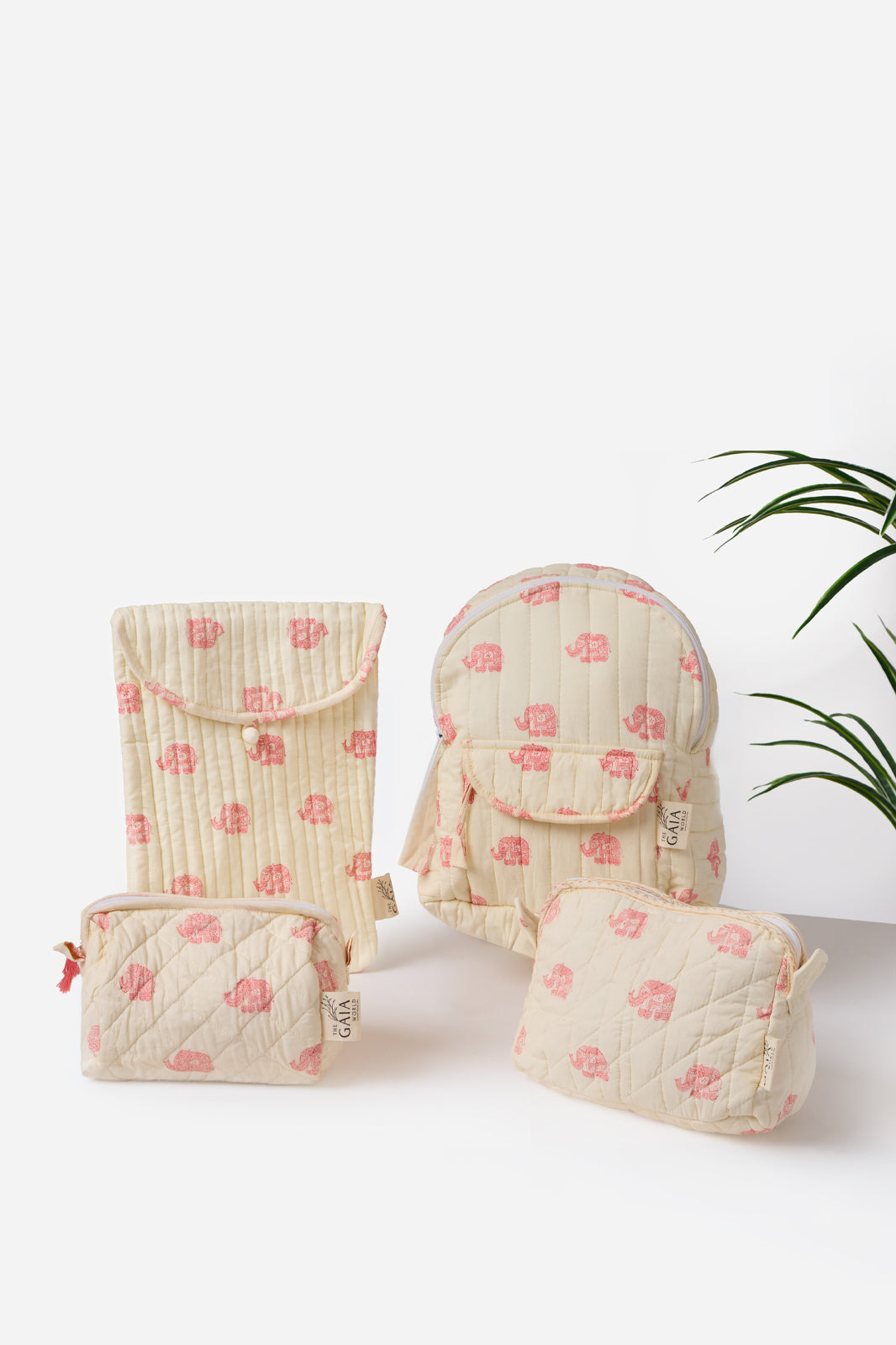 4-Piece Quilted Cotton Backpack, iPad Sleeve & Pouches Set with Pink Elephant Print | Layan