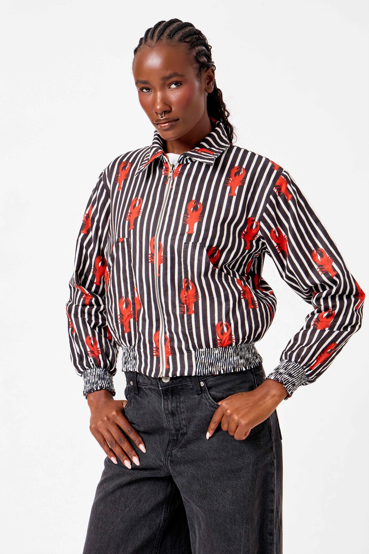 Black & White Striped Reversible Cotton Bomber Jacket with Lobster Motif & Contemporary Statement Design | Sarmad