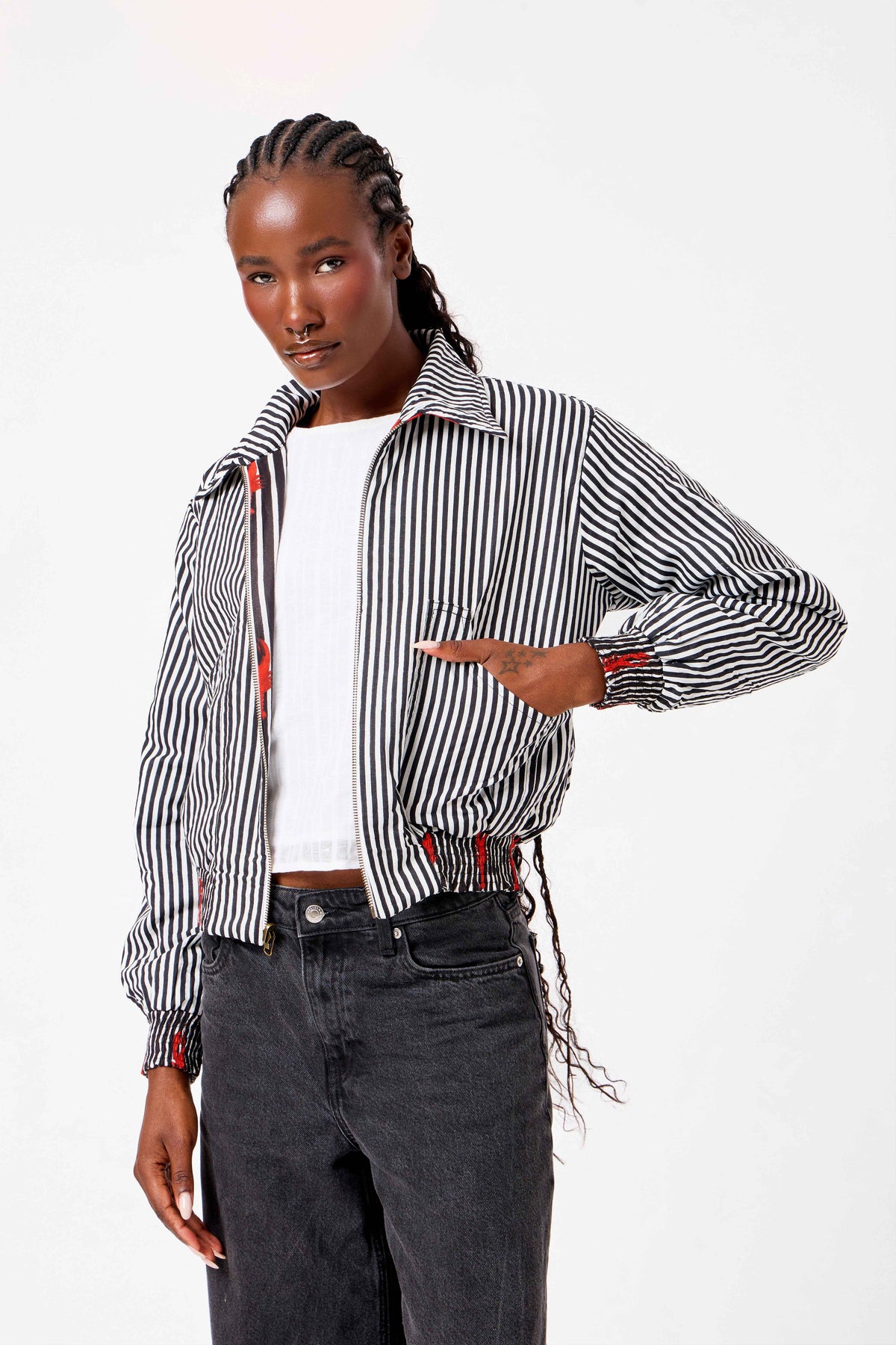 Black & White Striped Reversible Cotton Bomber Jacket with Lobster Motif & Contemporary Statement Design | Sarmad