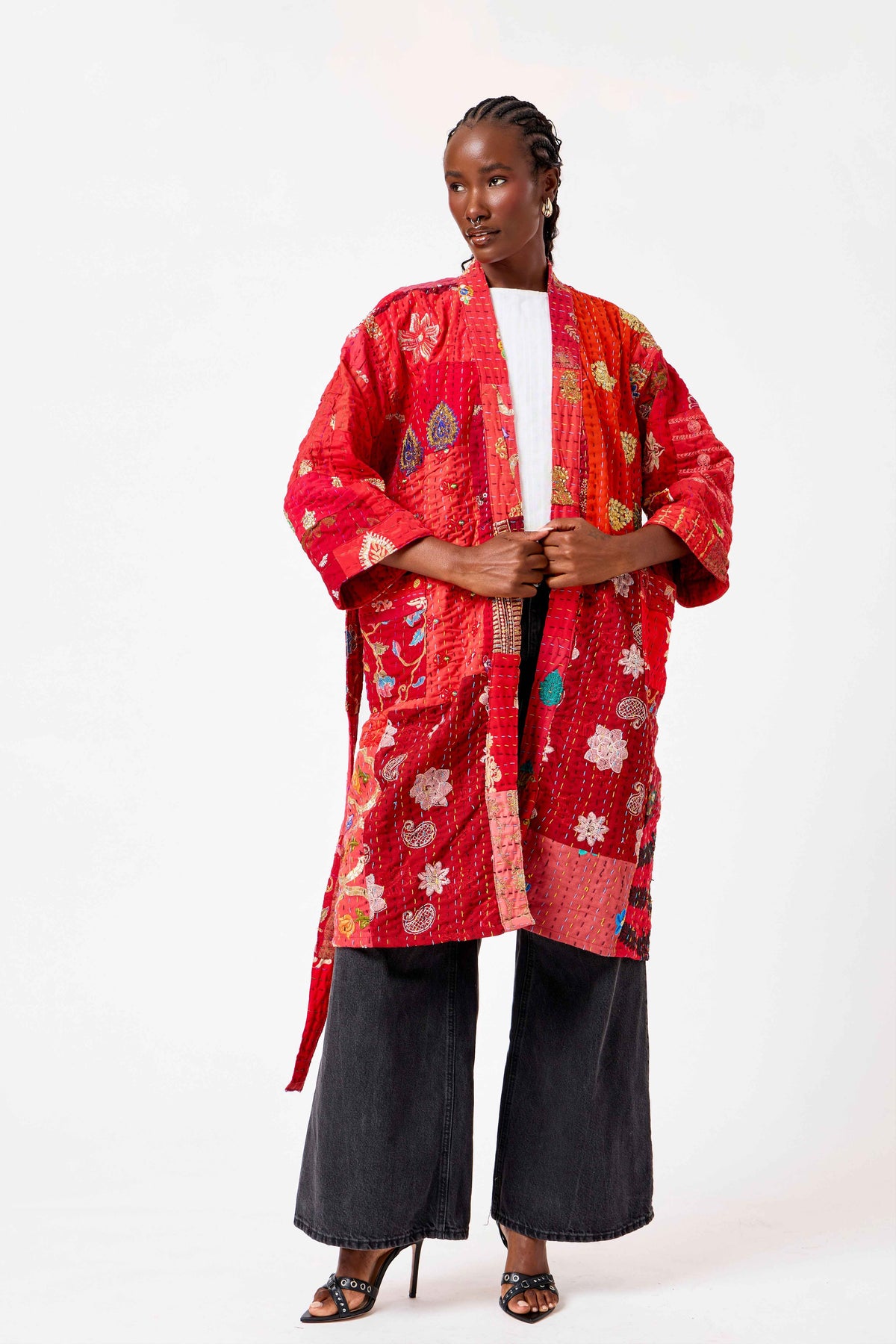 Red Katha Cotton Silk Patchwork Short Kimono with Kantha Stitching & Heritage Floral Design | Raneem