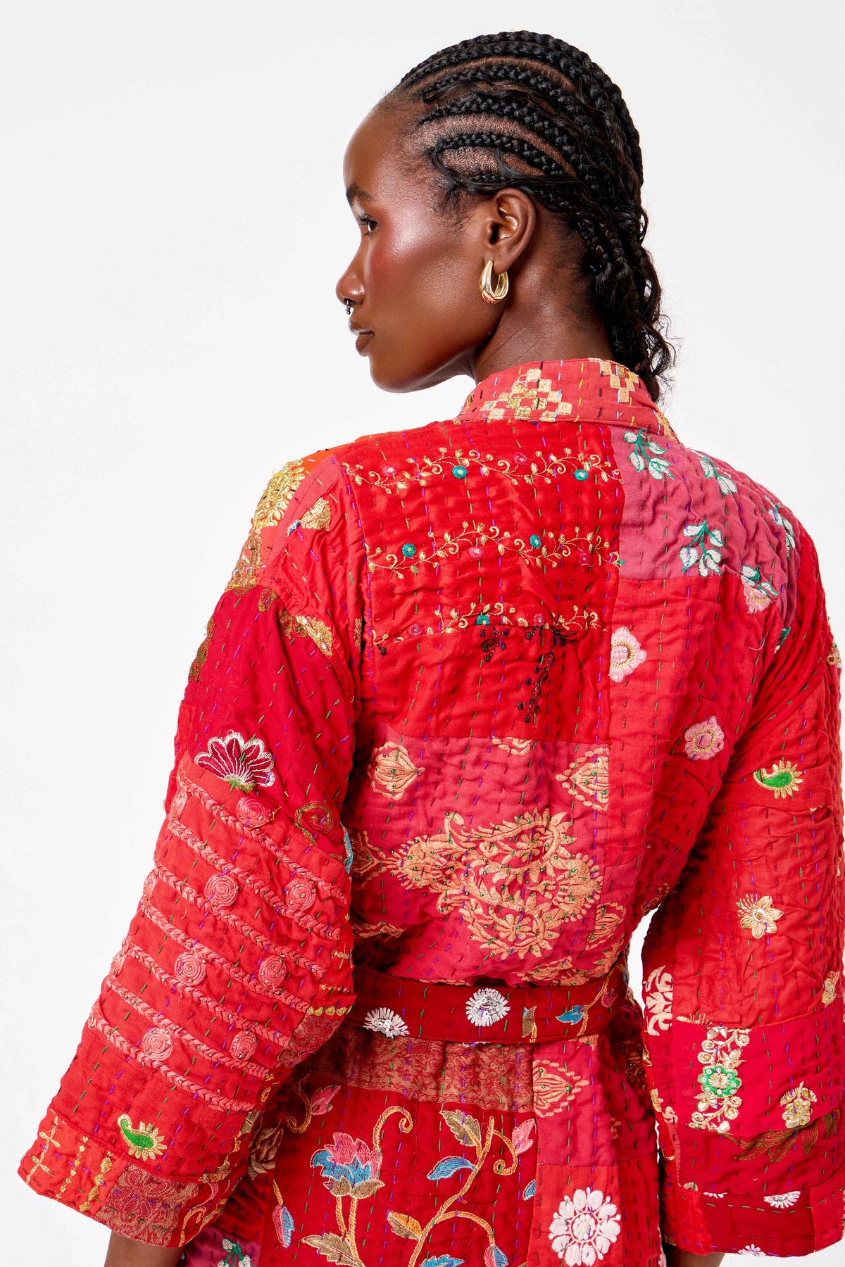 Red Katha Cotton Silk Patchwork Short Kimono with Kantha Stitching & Heritage Floral Design | Raneem