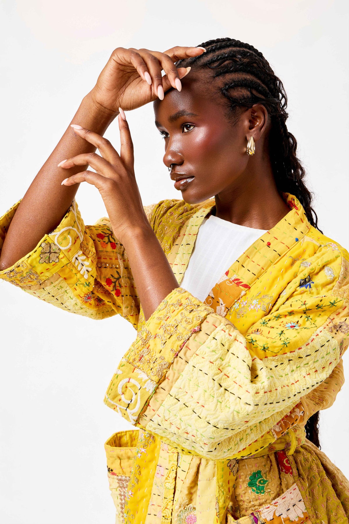 Yellow Katha Cotton Silk Patchwork Short Kimono with Kantha Stitching & Vibrant Heritage Design | Shamsa