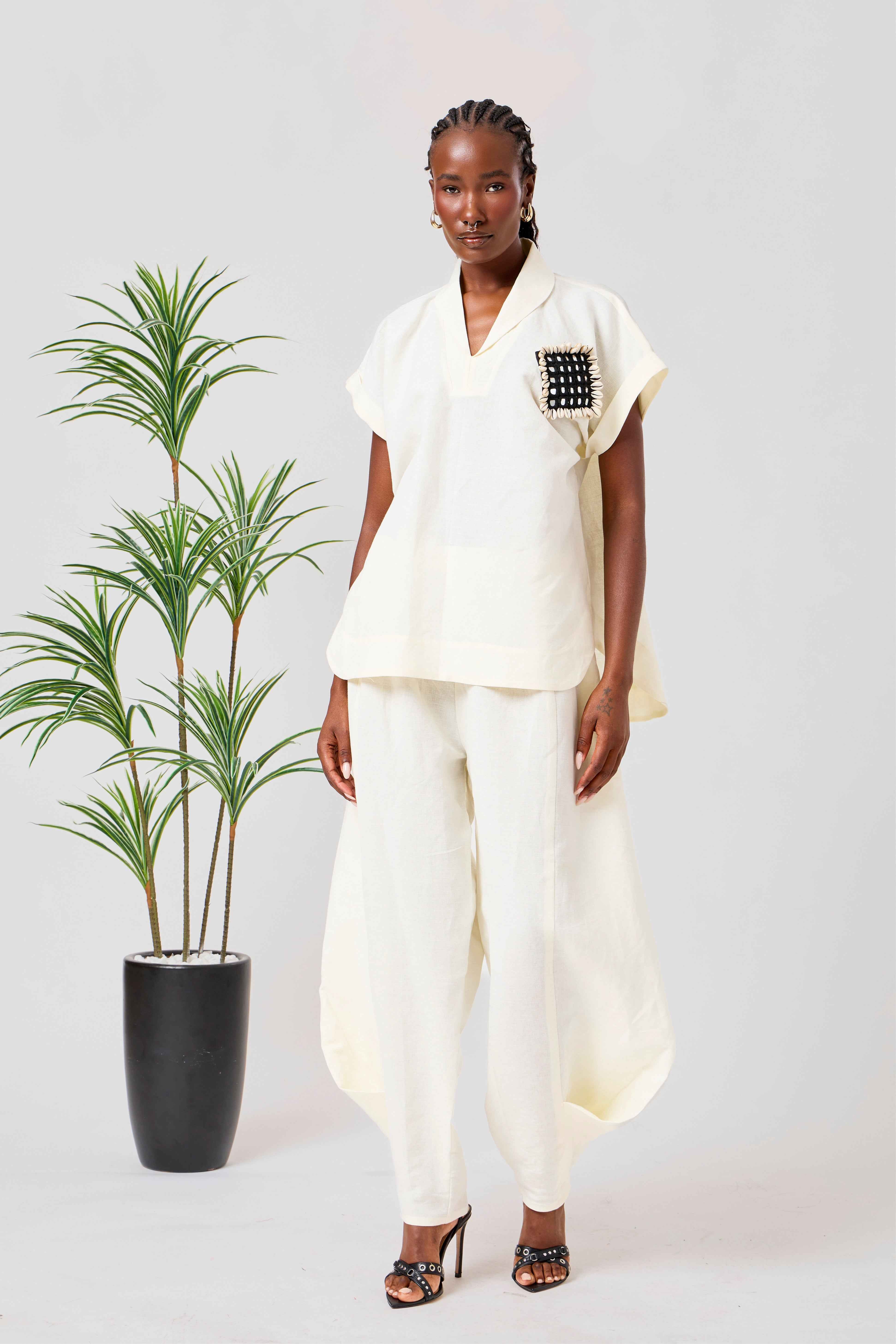 Cotton Linen Blend Relaxed Co-Ord Set with Draped Panel Trousers | Thuraya