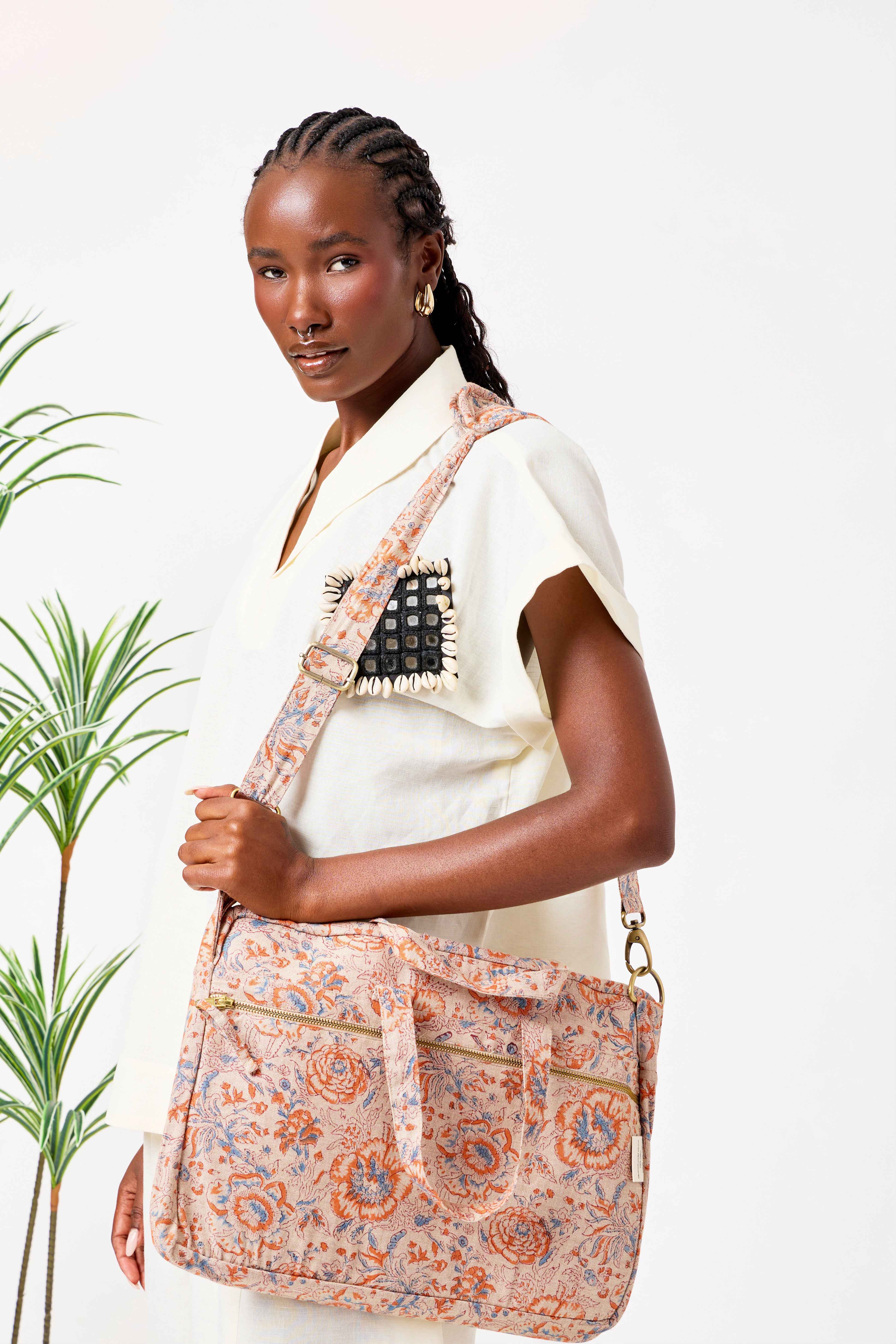 Blush Floral Print Linen Laptop Tote Bag with Adjustable Strap | Yasmin