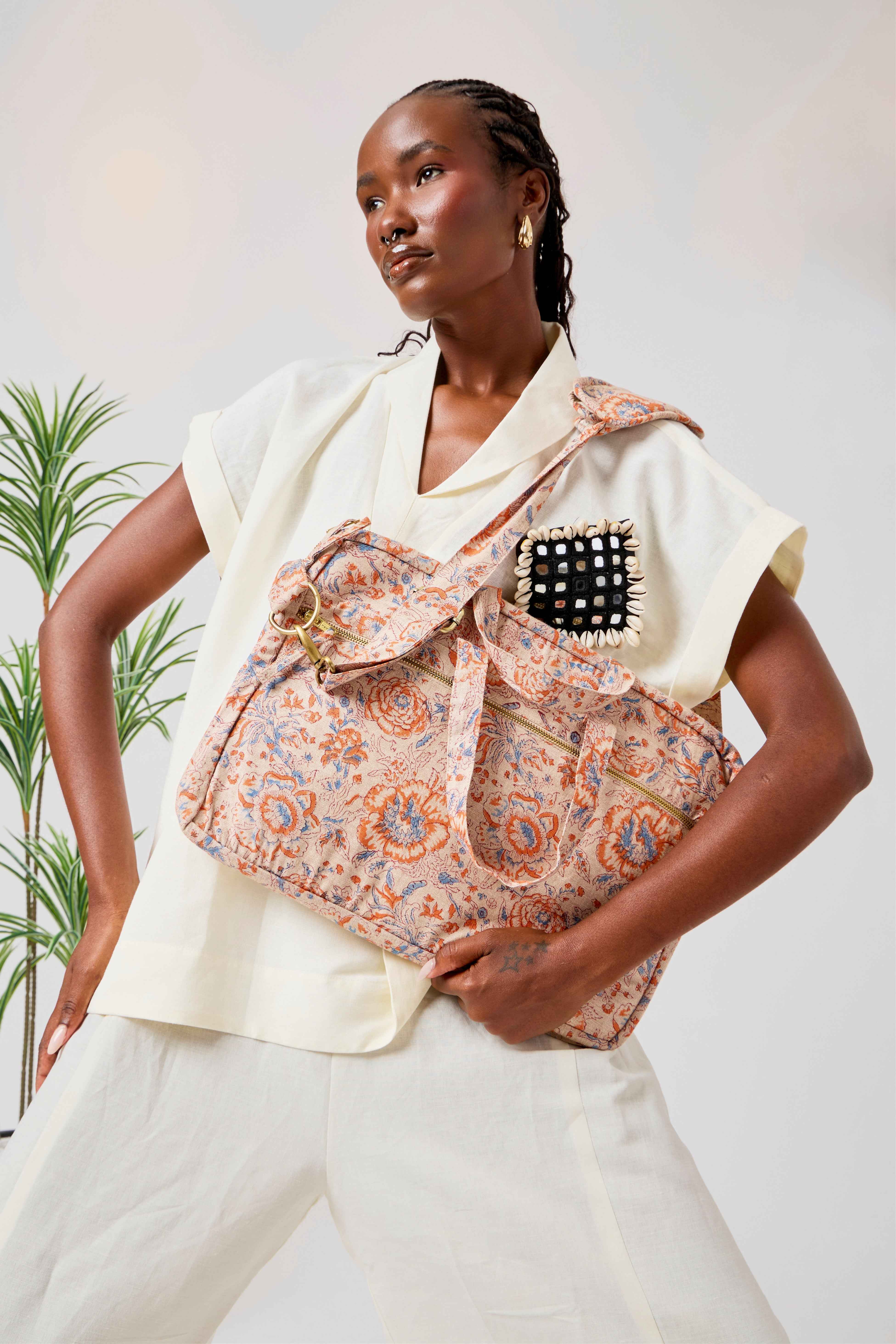 Blush Floral Print Linen Laptop Tote Bag with Adjustable Strap | Yasmin