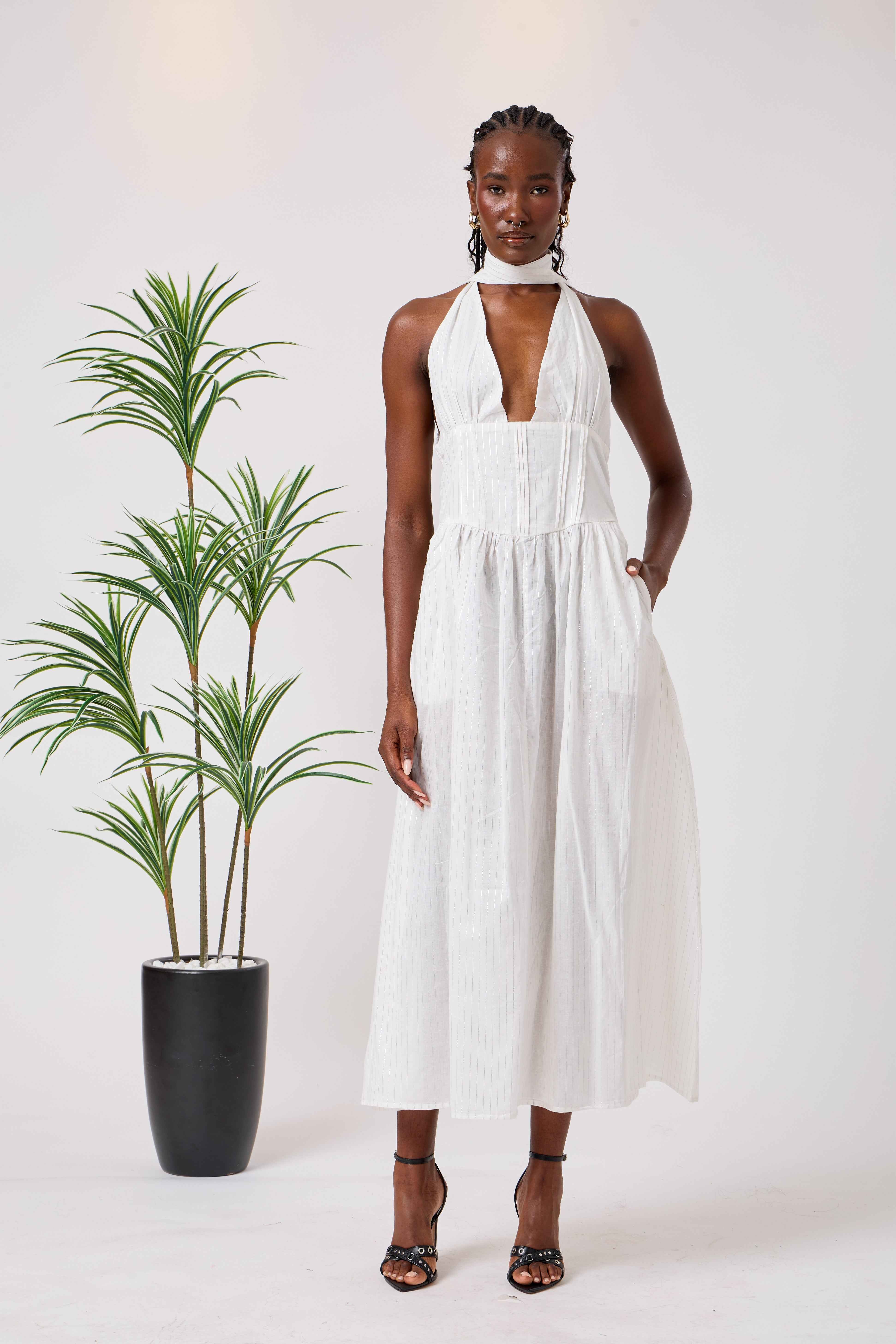 White Cotton Summer Liberty Maxi Dress with Halter Neck & Open Back | Layali