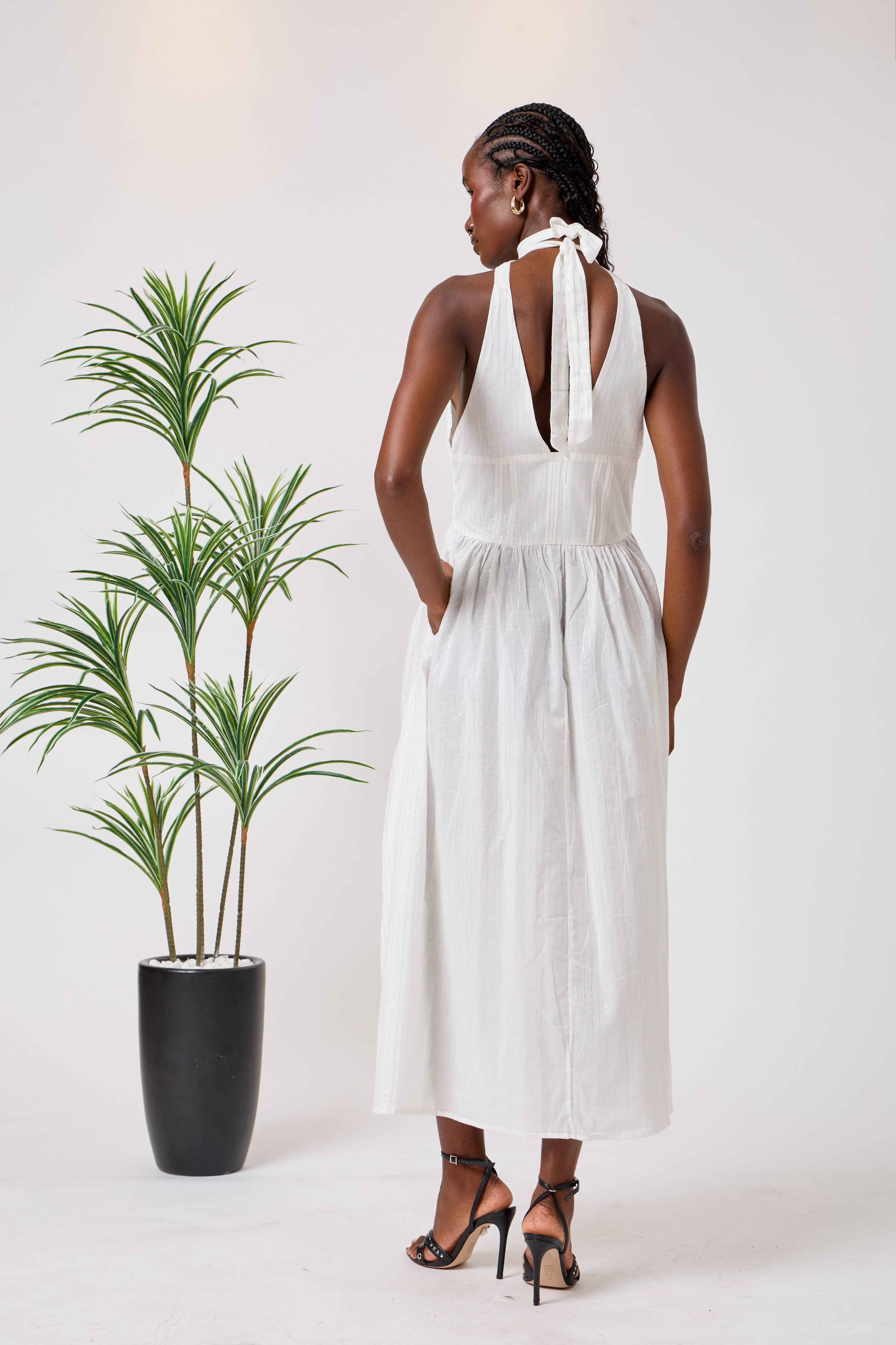 White Cotton Summer Liberty Maxi Dress with Halter Neck & Open Back | Layali