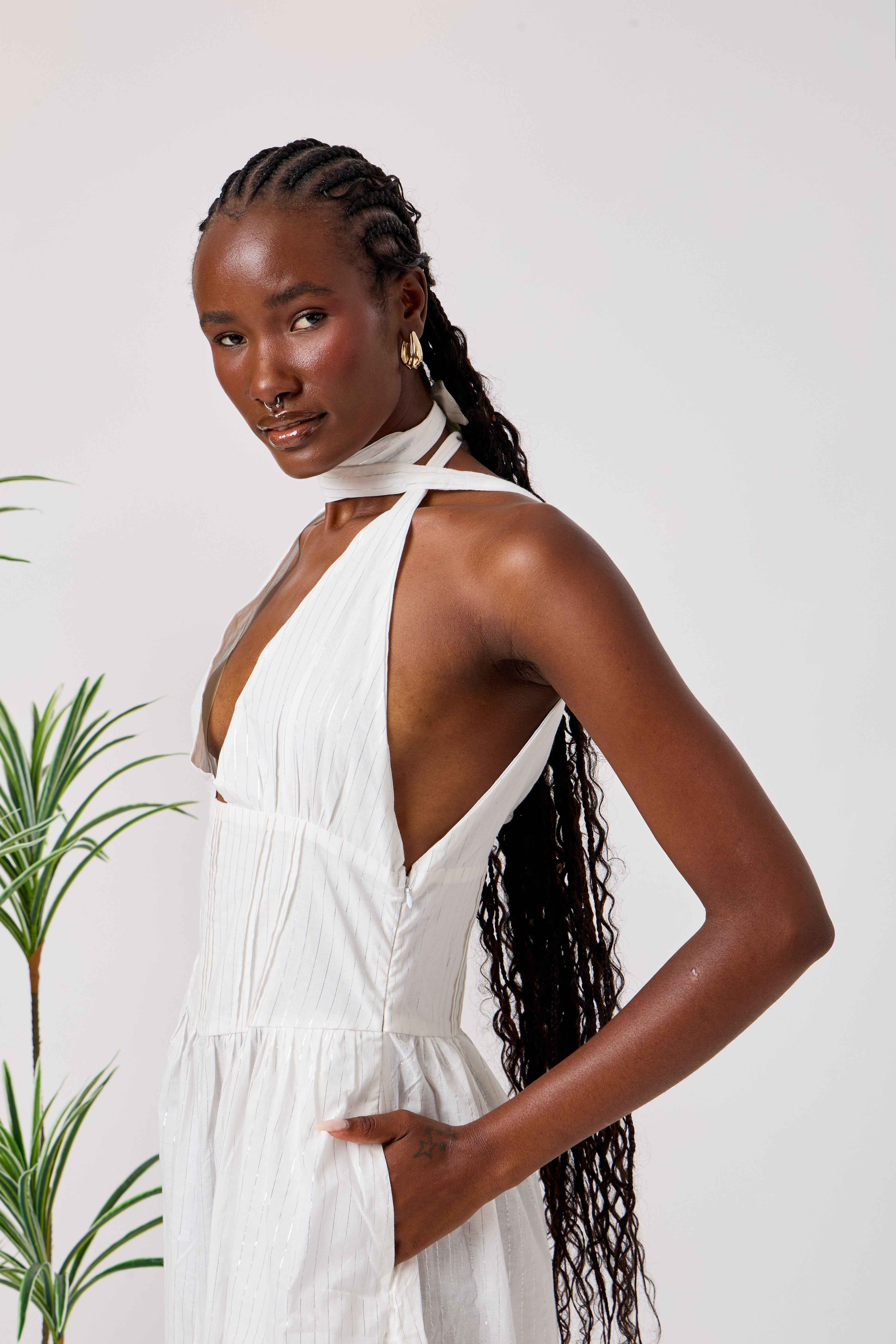 White Cotton Summer Liberty Maxi Dress with Halter Neck & Open Back | Layali